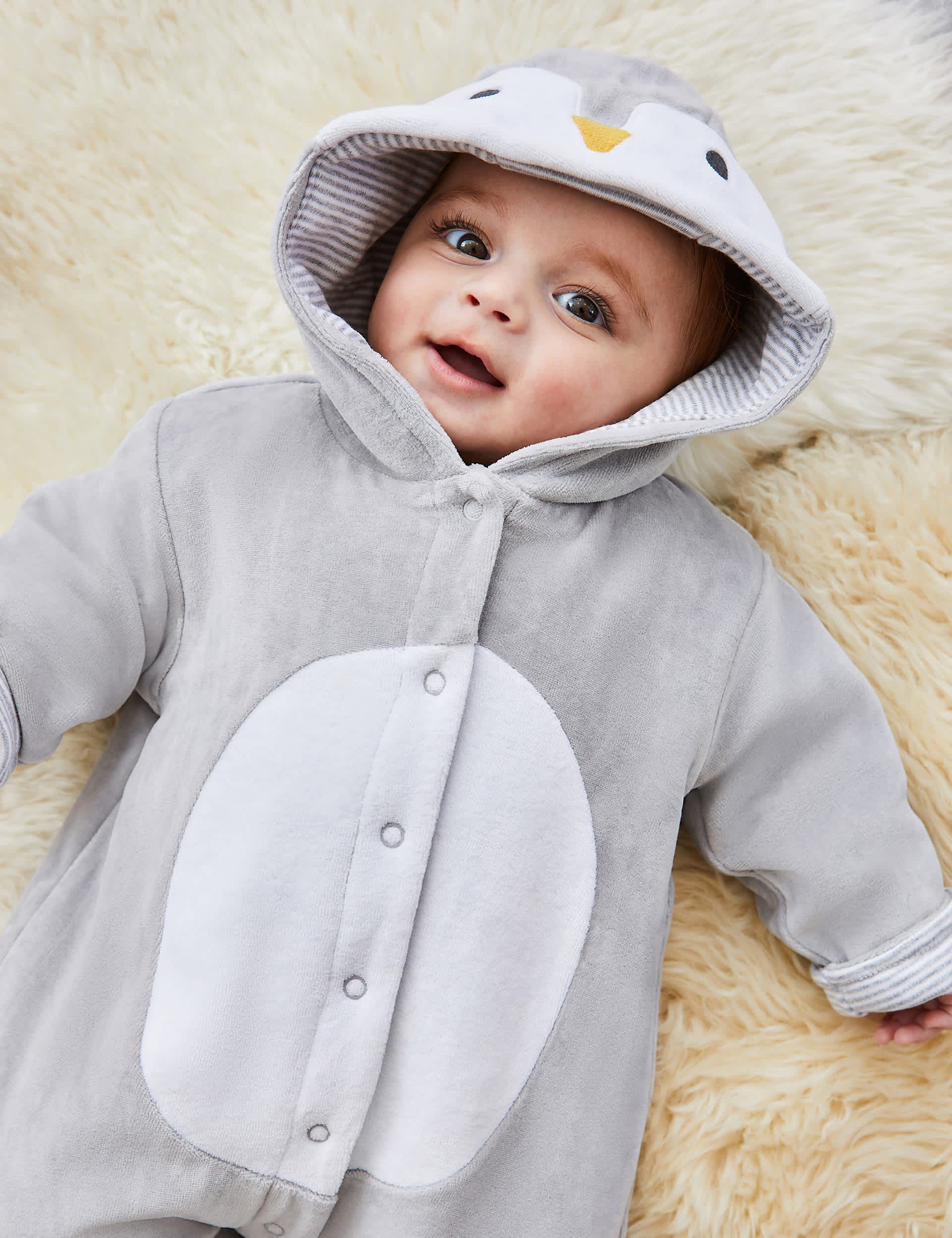 Jojo Maman Bb Cotton Rich Velour Penguin Pramsuit (7lbs-12 Mths) - 0-3 M - Grey Mix, Grey Mix