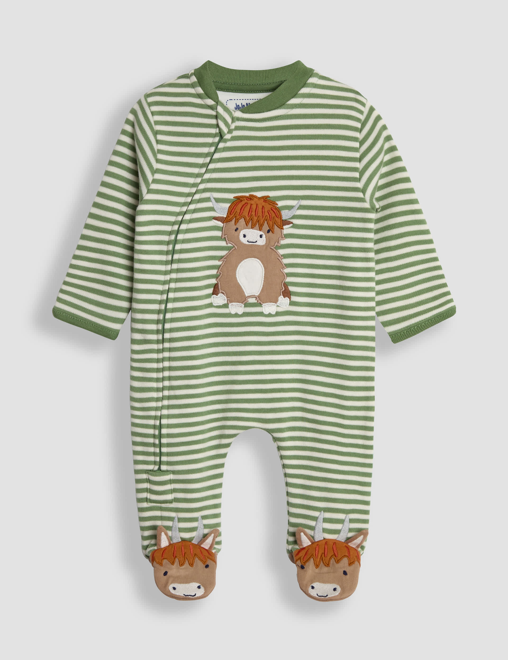 Jojo Maman Bb Boys Pure Cotton Striped Cow Zip Sleepsuit (0-18 Mths) - 0-3 M - Green Mix, Green Mi