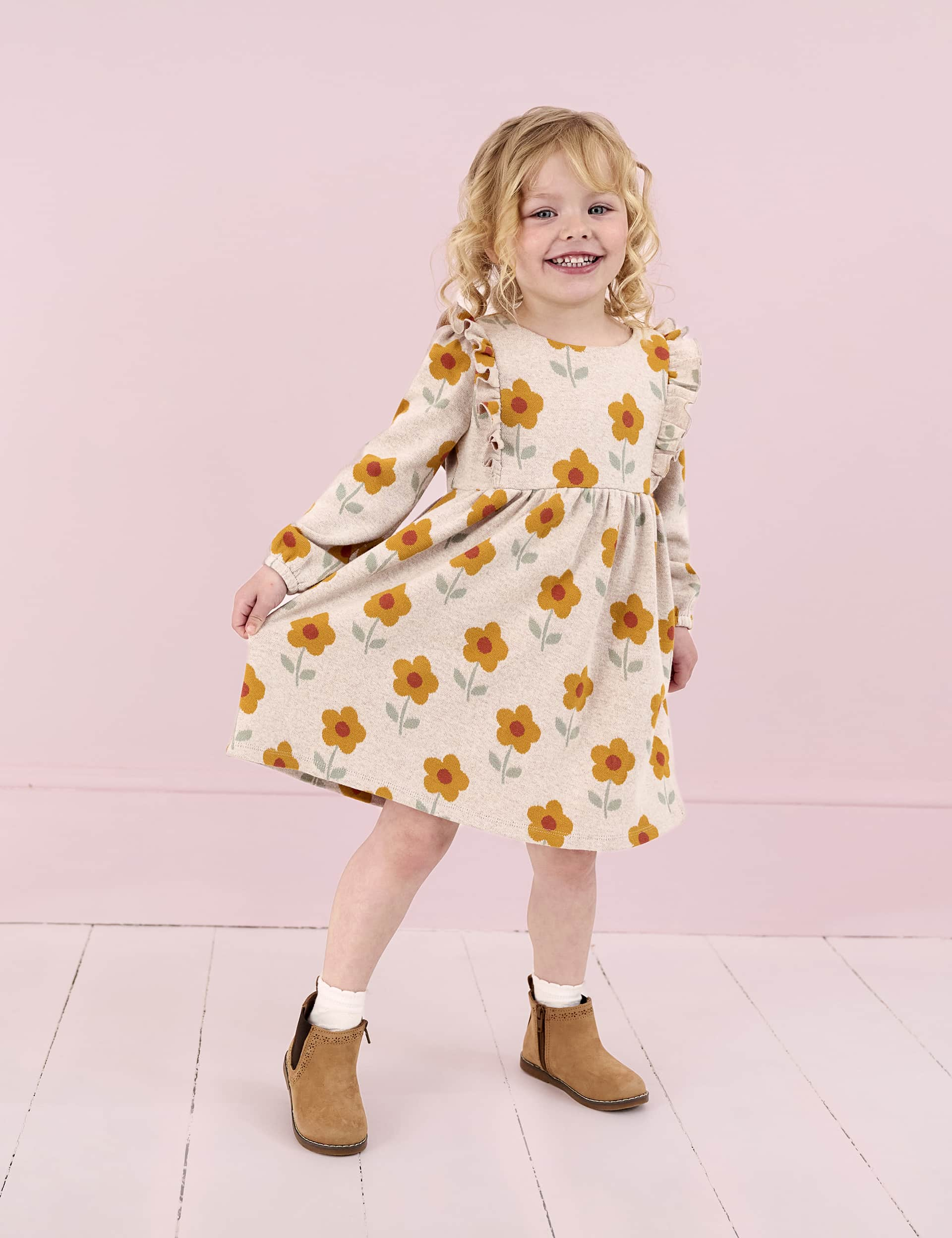 Jojo Maman Bb Girls Pure Cotton Floral Knitted Dress (6 Mths - 6 Yrs) - 2-3 Y - Cream Mix, Cream M