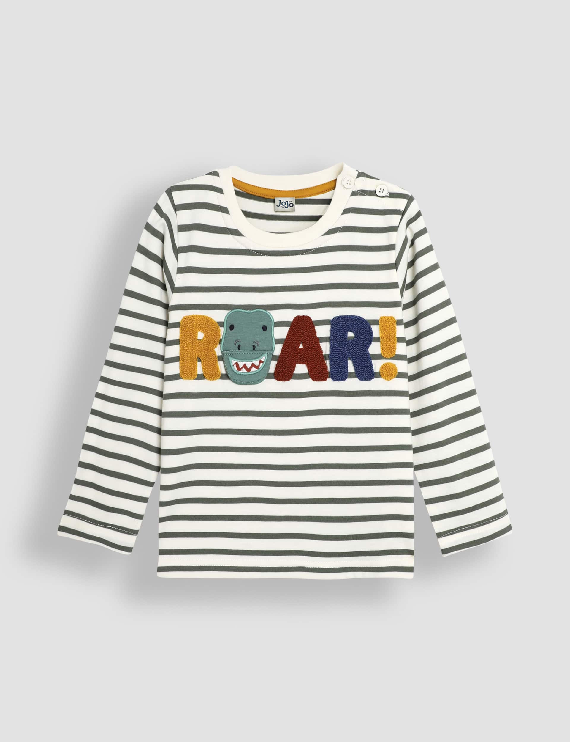 Jojo Maman Bebe Boys Pure Cotton Striped Roar Applique Top (6 Mths-6 Yrs)