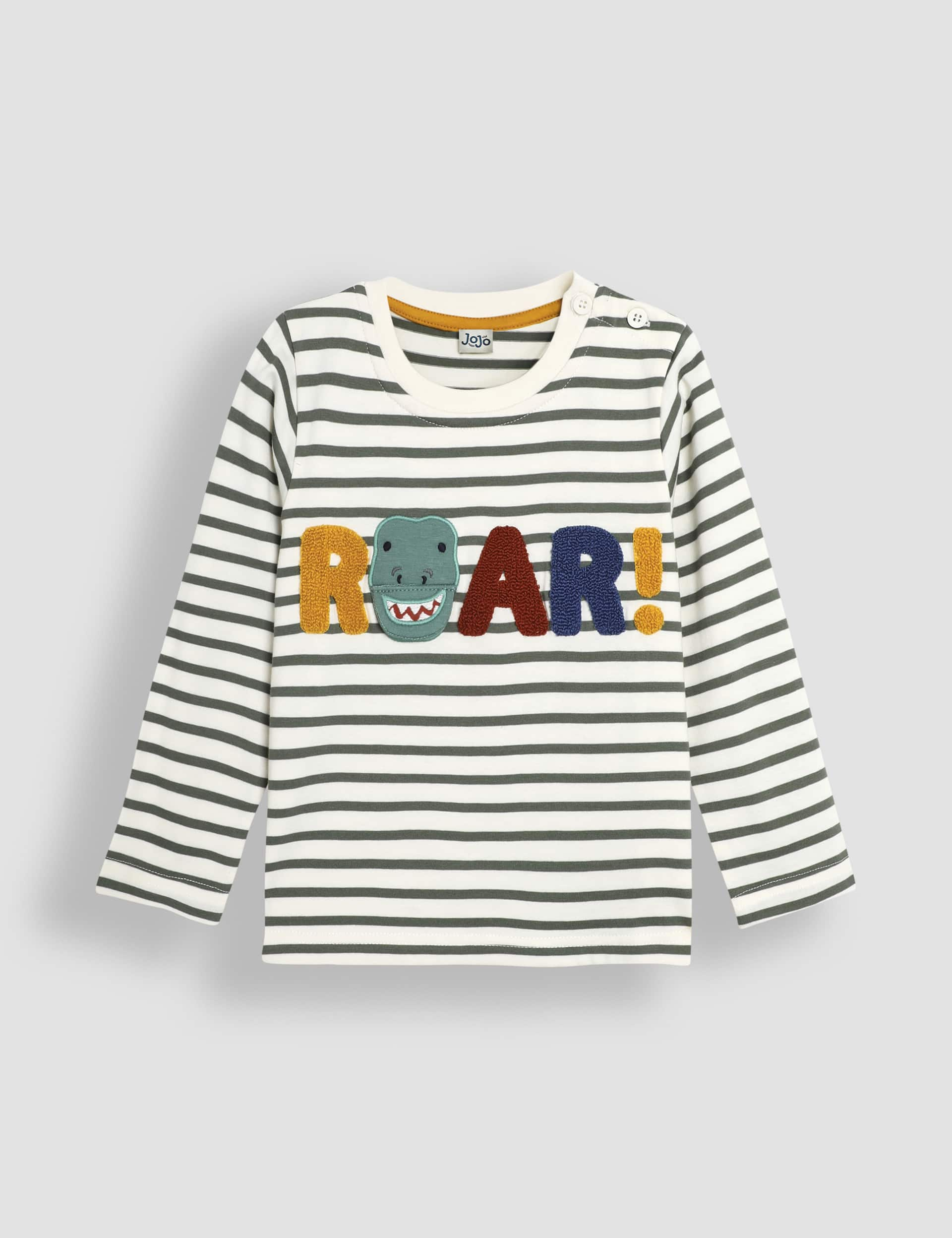 Jojo Maman Bb Boys Pure Cotton Striped Roar Appliqu Top (6 Mths-6 Yrs) - 2-3 Y - Khaki Mix, Khaki