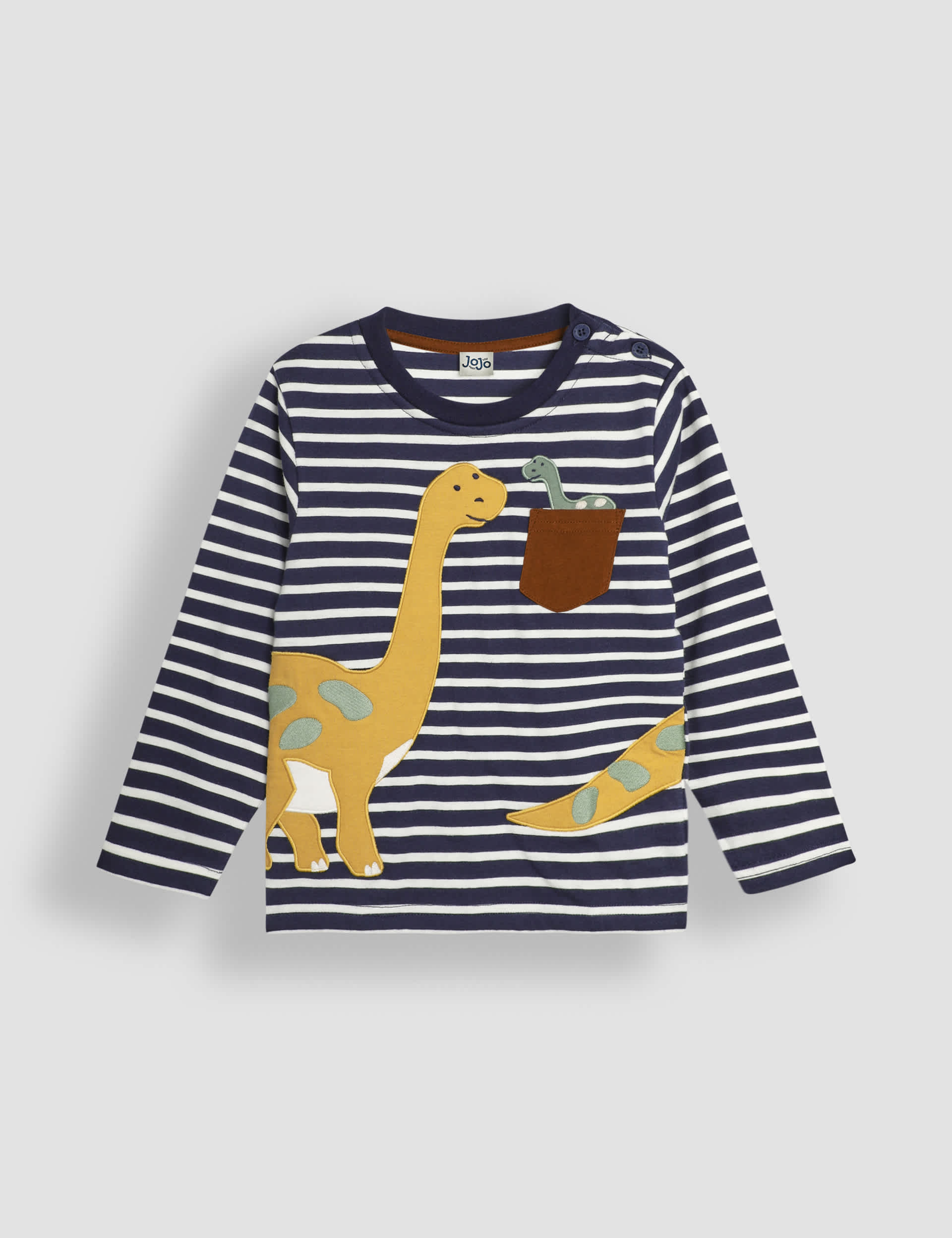Jojo Maman Bebe Boys Pure Cotton Striped Dinosaur Applique Top (6 Mths-6 Yrs)