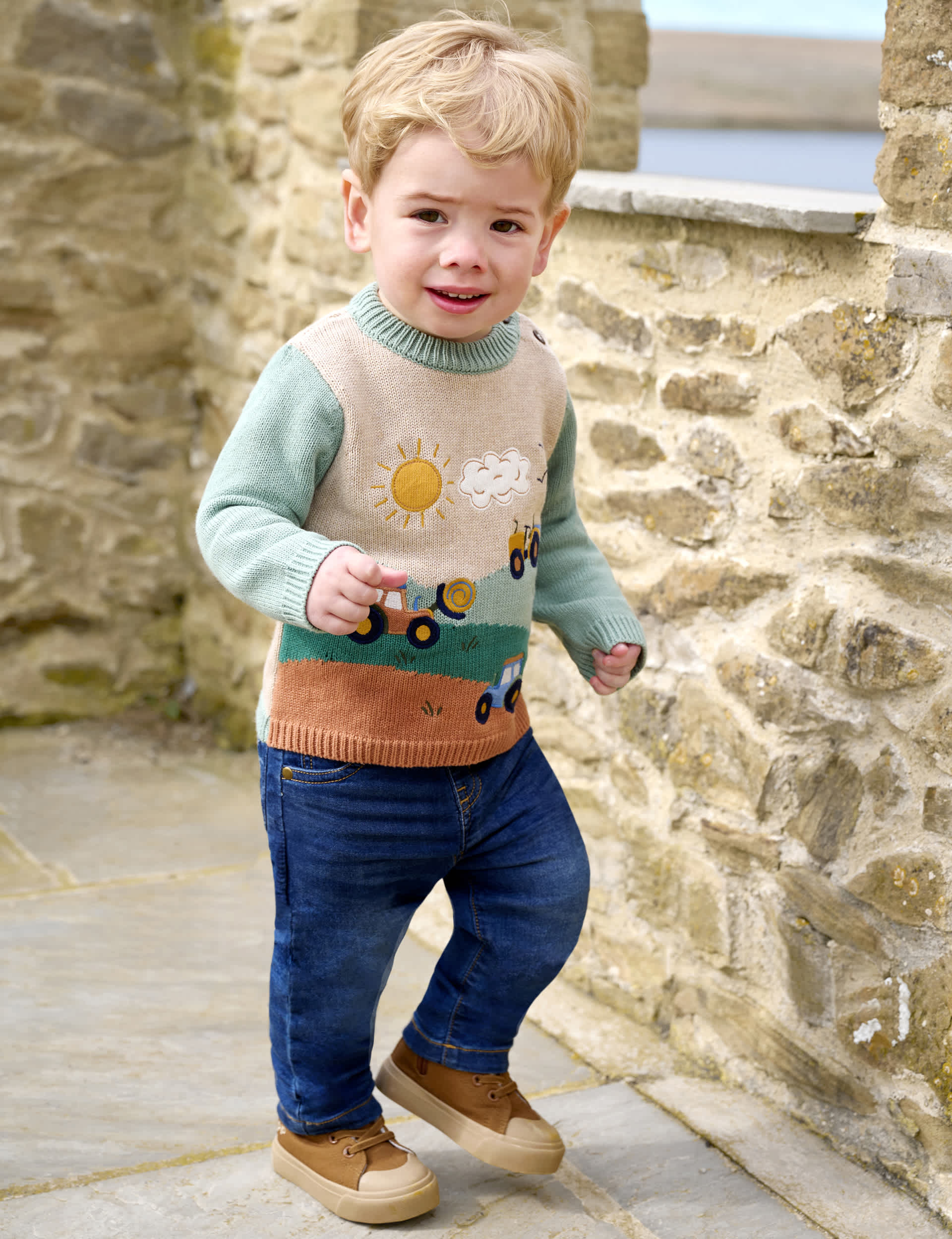 Jojo Maman Bb Boys Pure Cotton Knitted Farm Jumper (6 Mths - 6 Yrs) - 12-18 - Green Mix, Green Mix