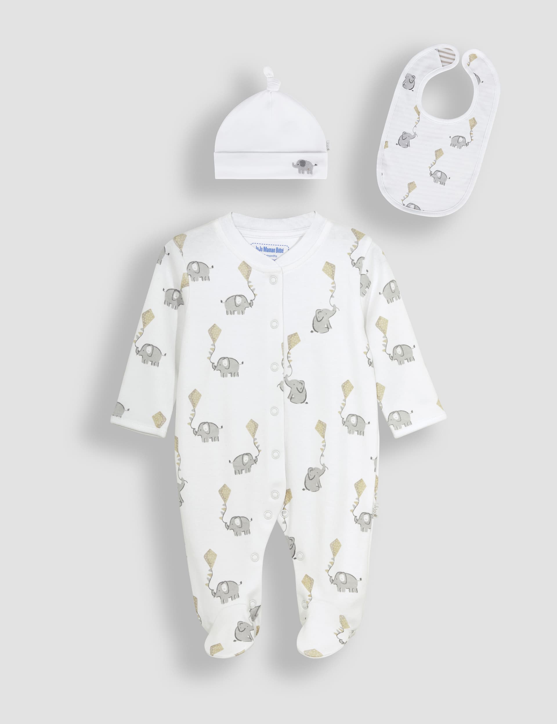 Jojo Maman Bb 3pc Pure Cotton Sleepsuit, Hat & Bib Set (0-12 Mths) - NB - White Mix, White Mix