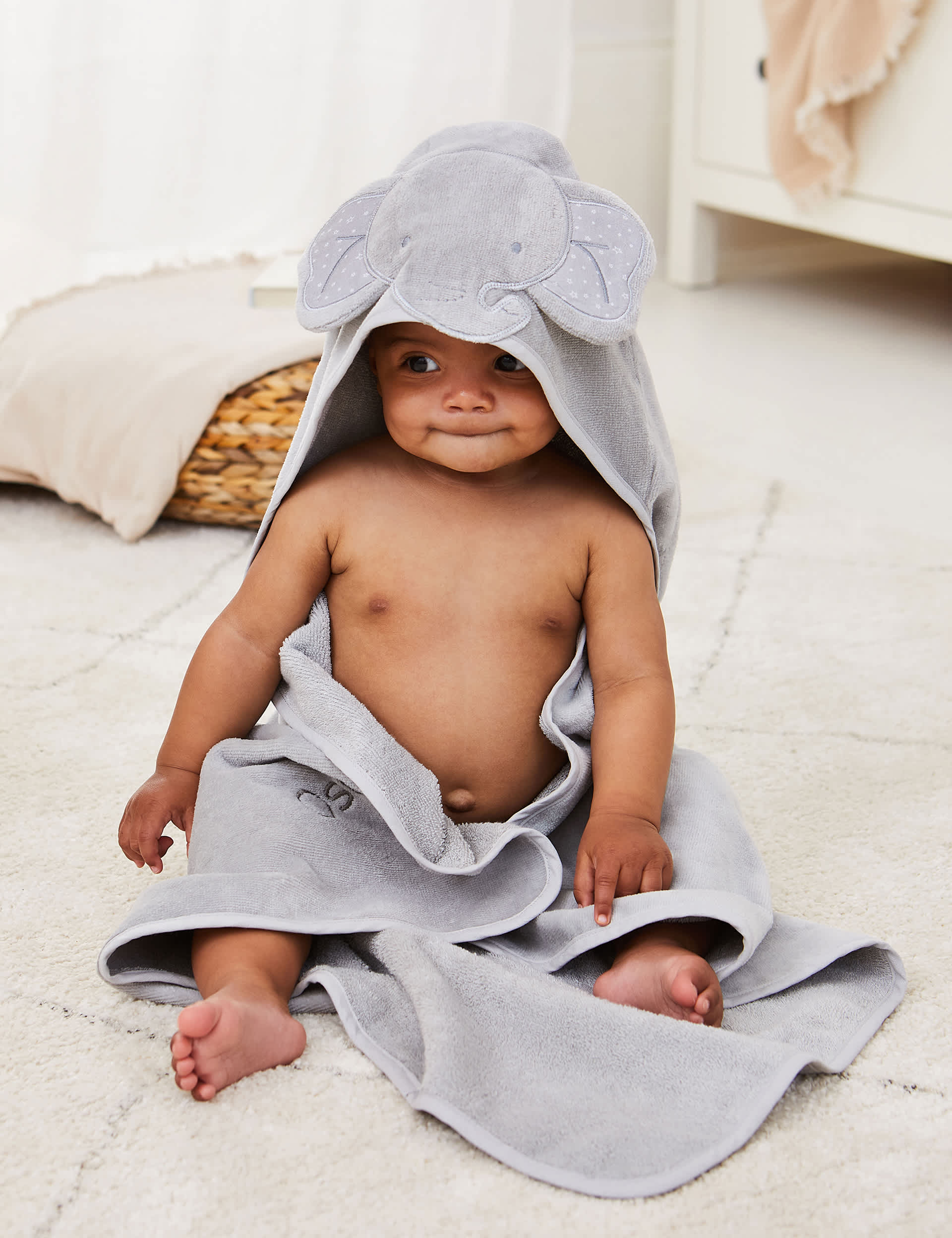 Jojo Maman Bb Pure Cotton Elephant Hooded Towel - Grey, Grey