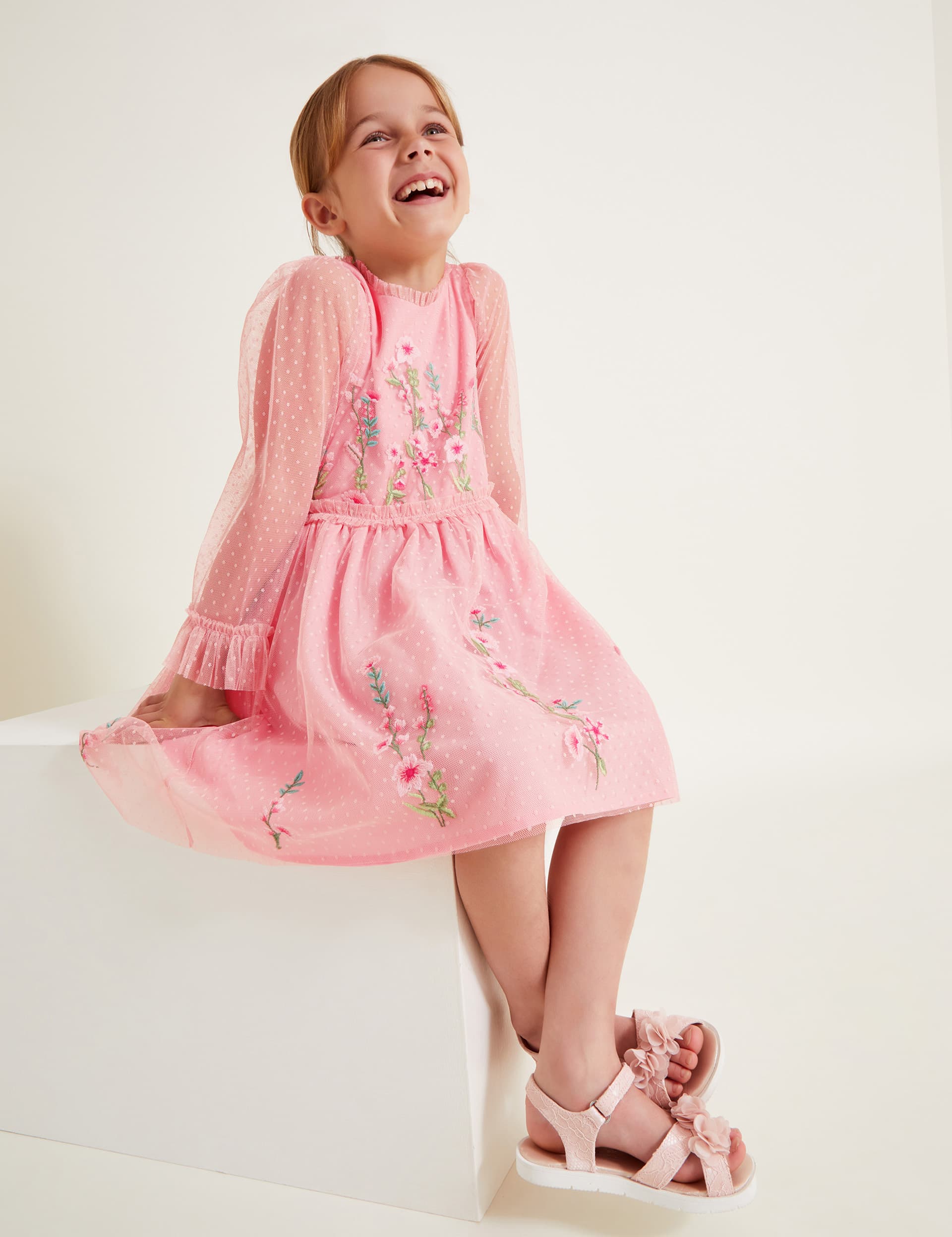 Monsoon Girls Floral Embroidered Occasion Dress (2-13 Yrs) - 2y - Pink Mix, Pink Mix