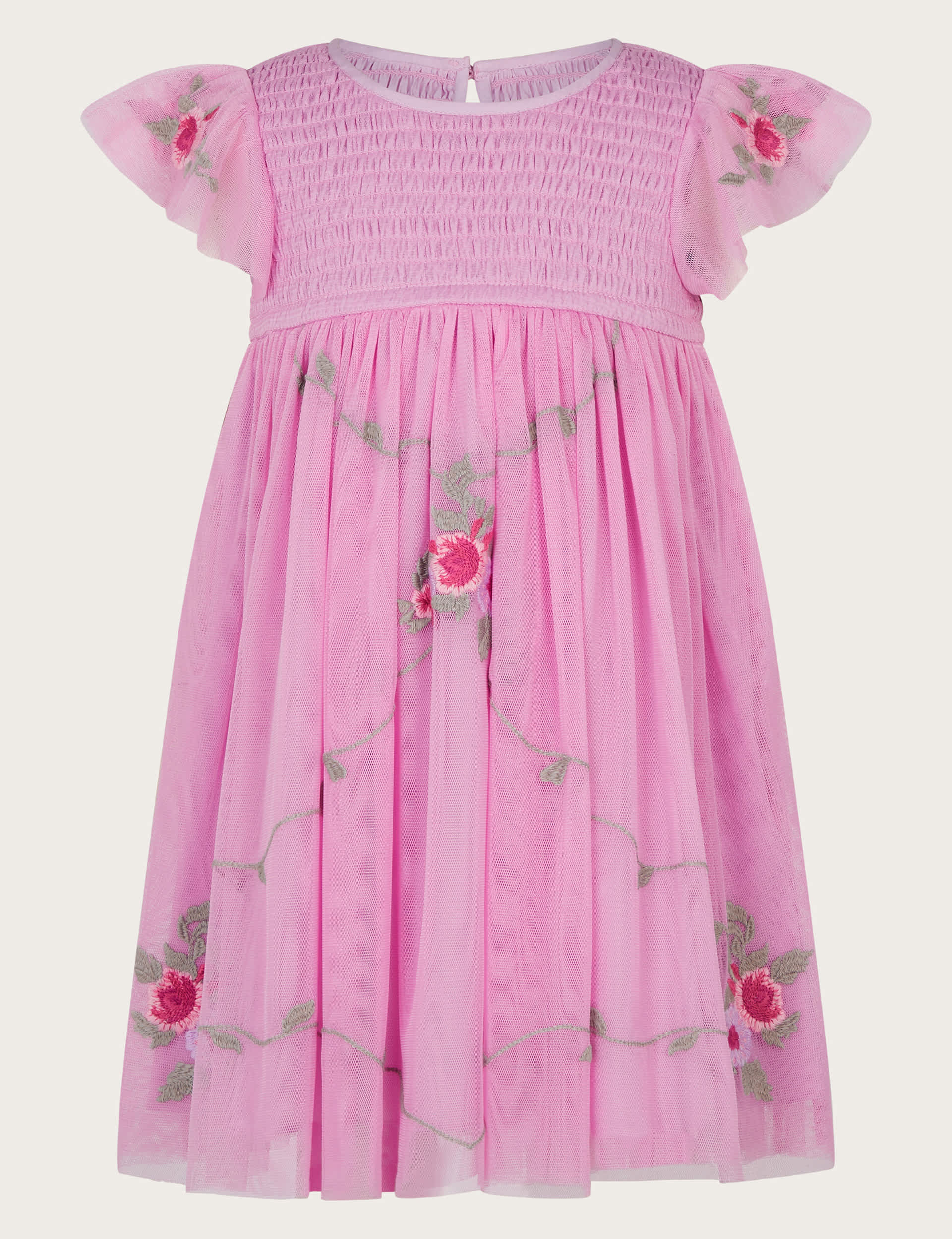 Monsoon Girls Flower Embroidered Shirred Occasion Dress (0-3 Yrs) - 6-12M - Pink Mix, Pink Mix