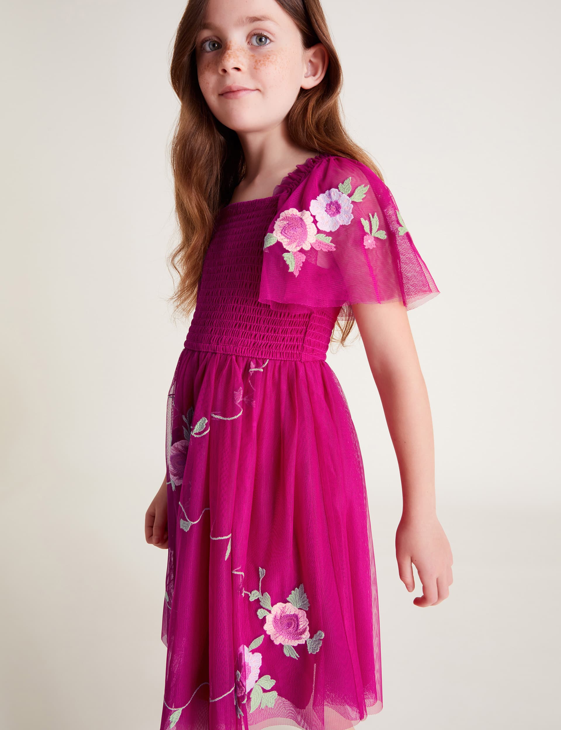 Monsoon Girls Floral Embroidered Tulle Shirred Dress (3-15 Yrs) - 12-13 - Pink Mix, Pink Mix