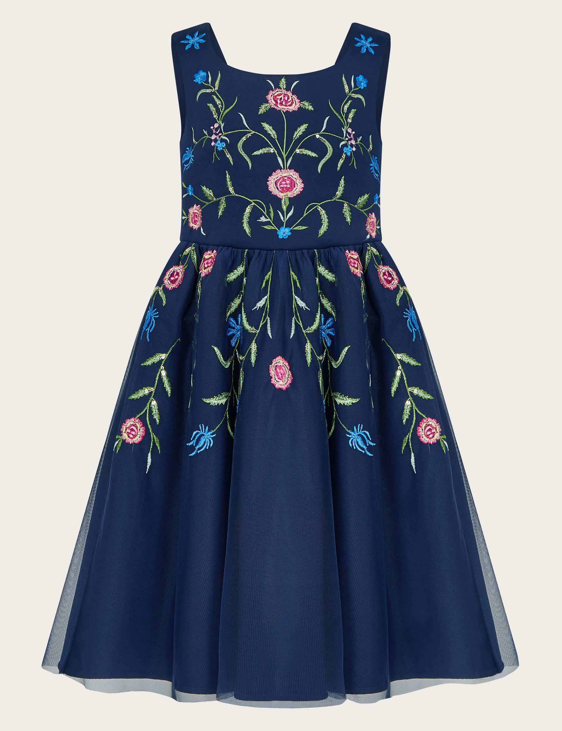 Monsoon Girls Flower Embroidered Occasion Dress (3-15 Yrs) - 7y - Navy Mix, Navy Mix