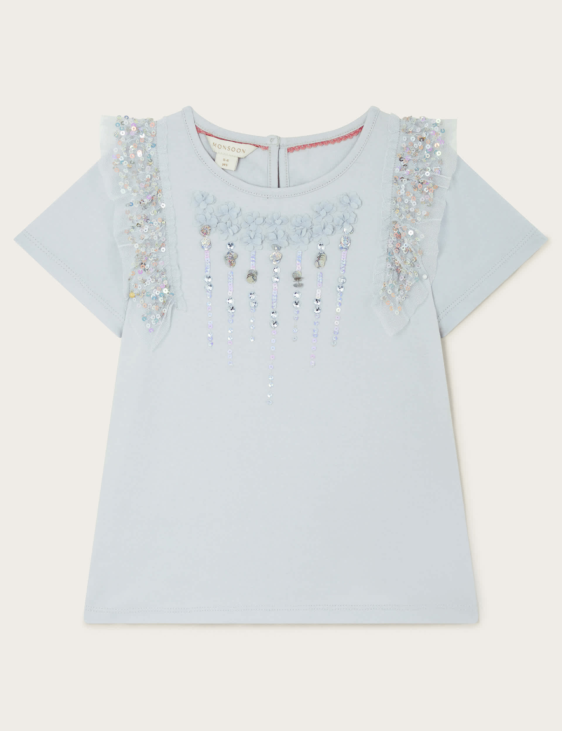 Monsoon Girls Pure Cotton Sequin Frill T-Shirt (3-13 Yrs) - 5-6 Y - Blue Mix, Blue Mix