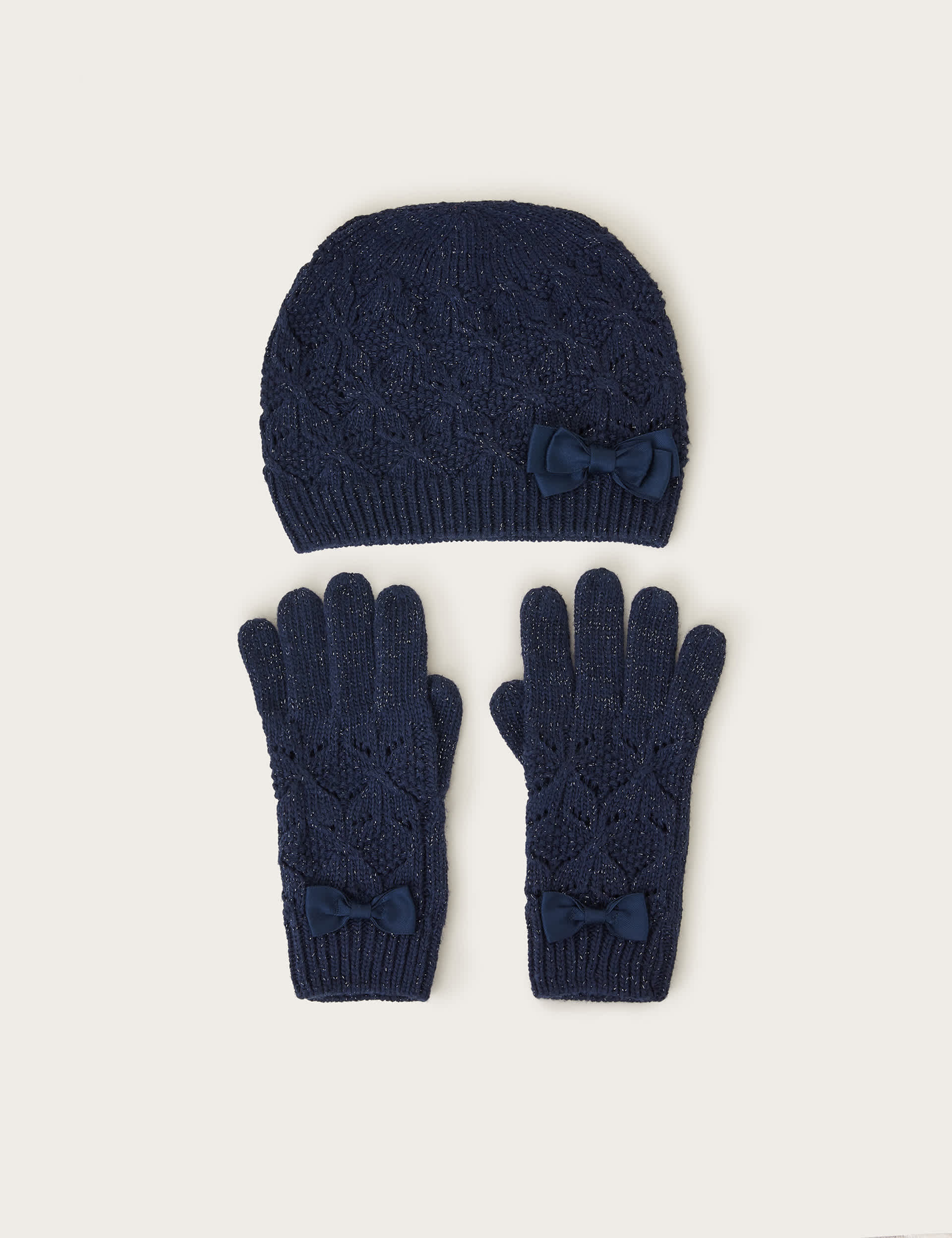 Monsoon Kids Bow Detail Hat and Glove Set (3-13 Yrs) - 3-6y - Navy, Navy