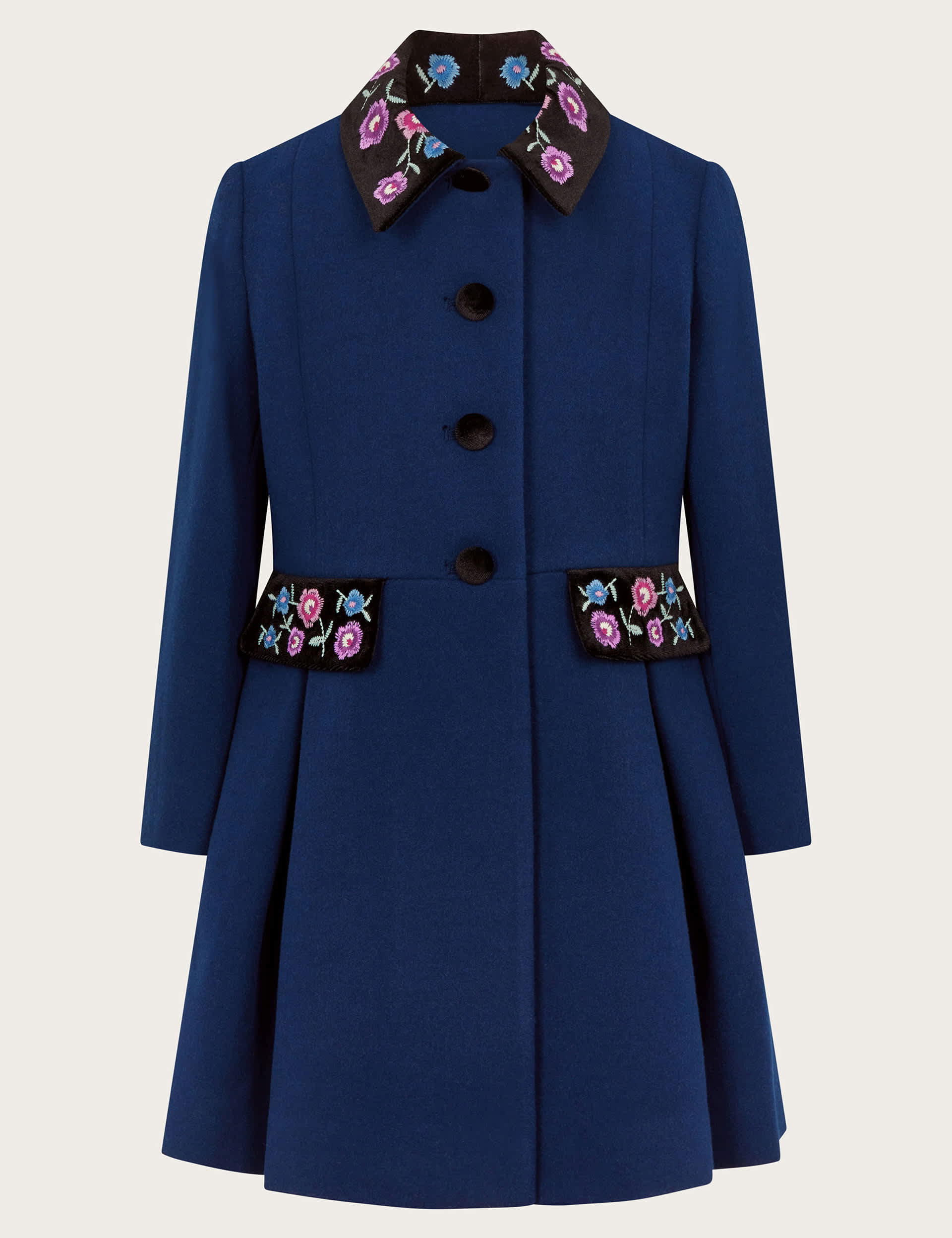 Monsoon Girls Embroidered Coat with Wool (3-13 Yrs) - 9-10Y - Navy Mix, Navy Mix