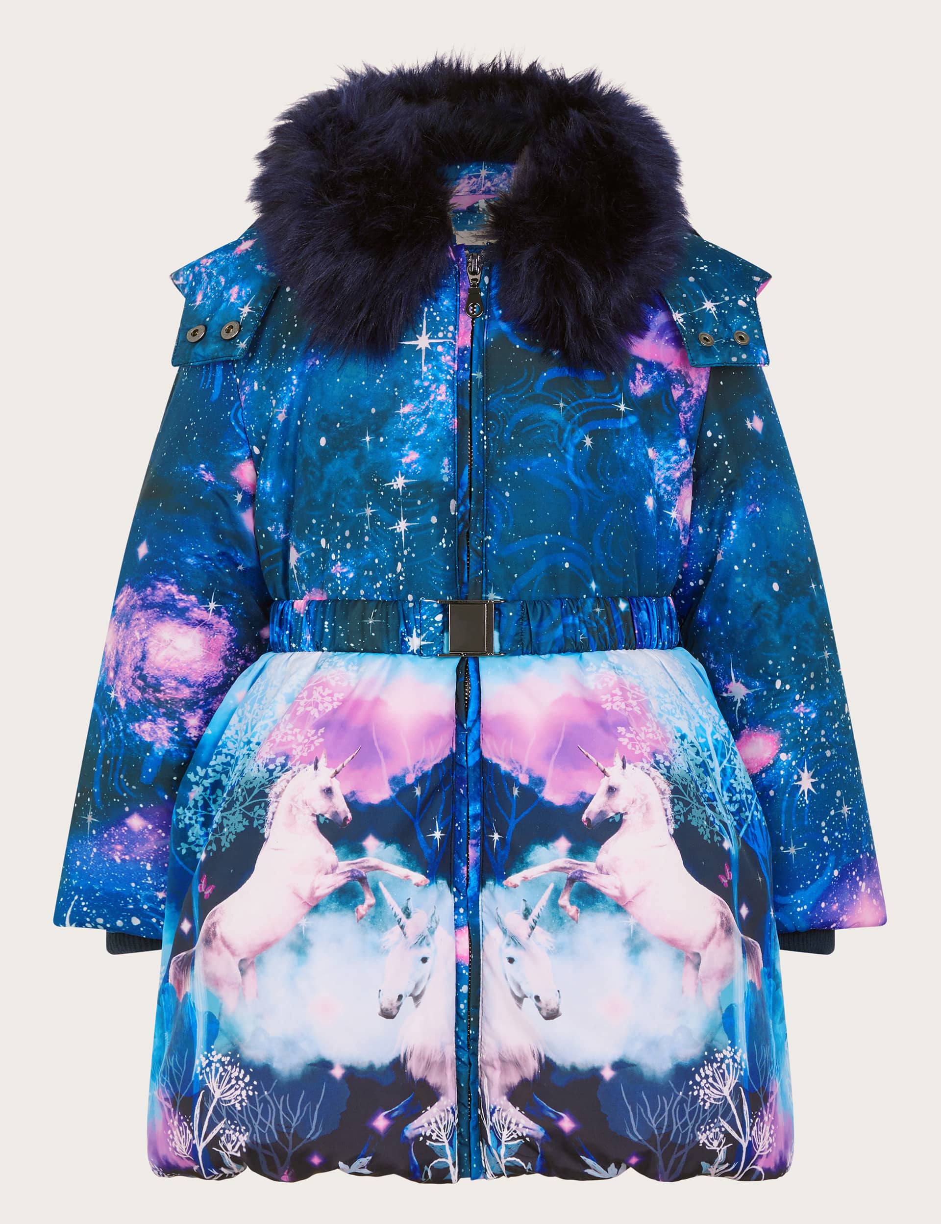 Monsoon Girls Unicorn Print Hooded Coat (3-15 Yrs) - 12-13 - Navy Mix, Navy Mix