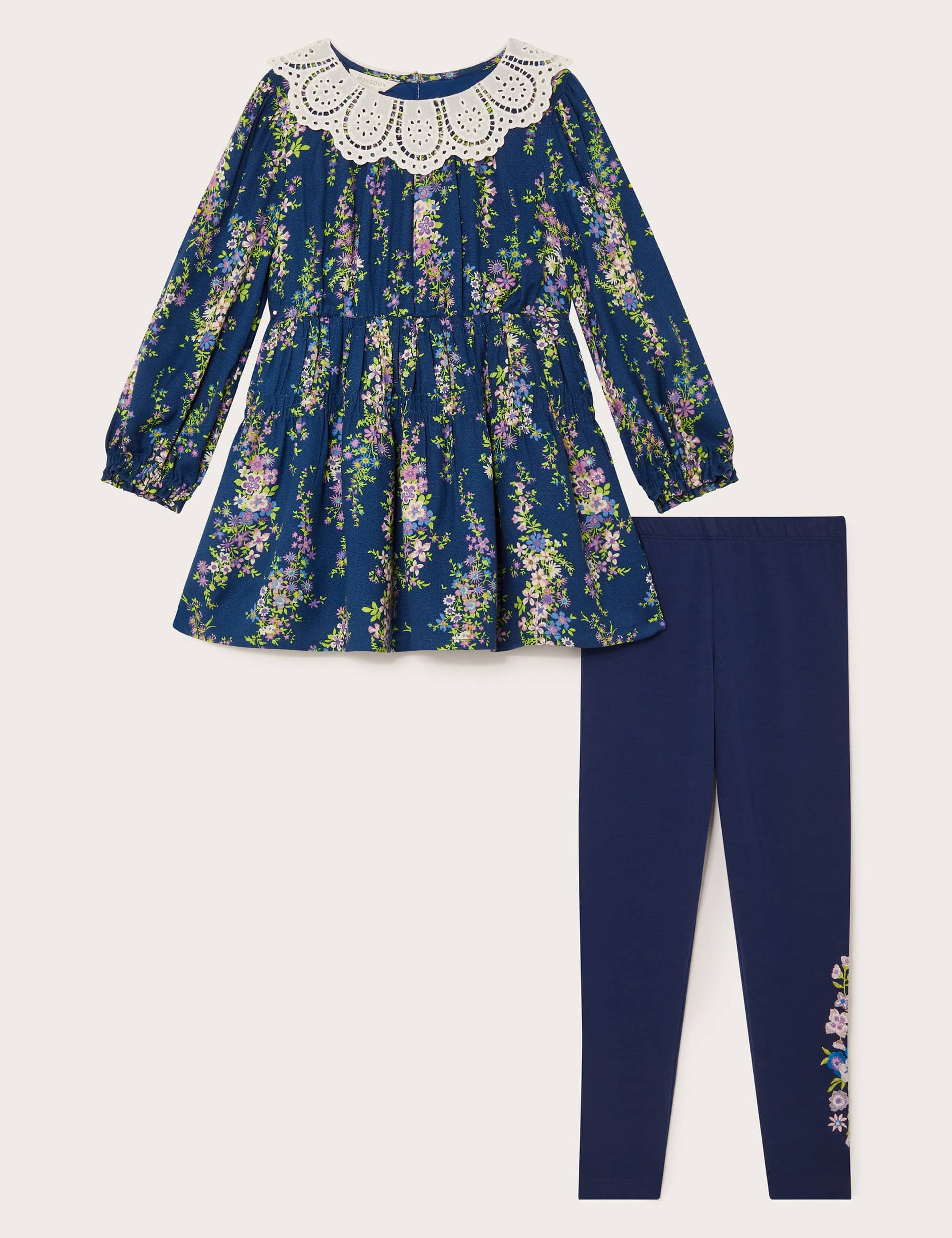 Monsoon Girls 2pc Floral Top and Bottom Outfit (3-13 Yrs) - 7-8 Y - Navy Mix, Navy Mix