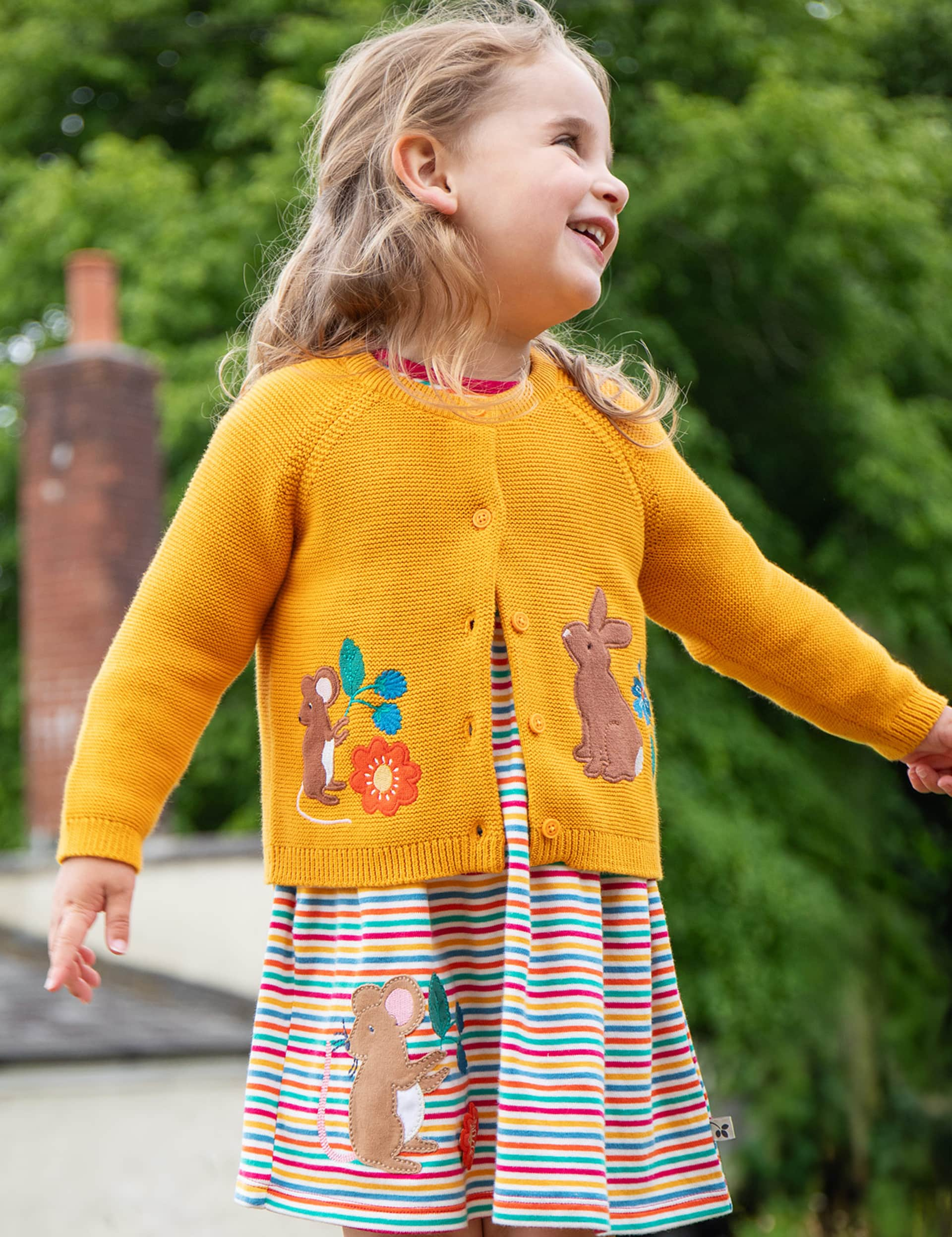 Frugi Girls Pure Cotton Knitted Animal Cardigan (0-10 Yrs) - 4-5 Y - Yellow Mix, Yellow Mix