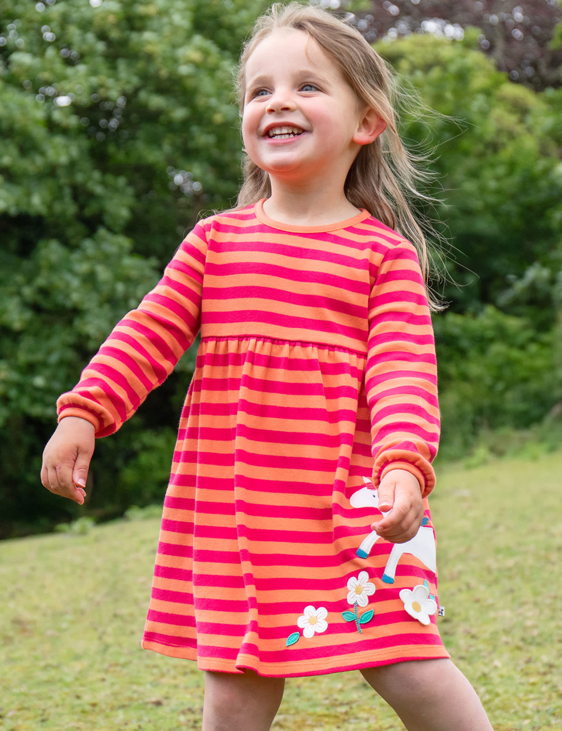 Frugi Girls Pure Cotton Striped Horse Dress (0-8 Yrs) - 6-7 Y - Pink Mix, Pink Mix