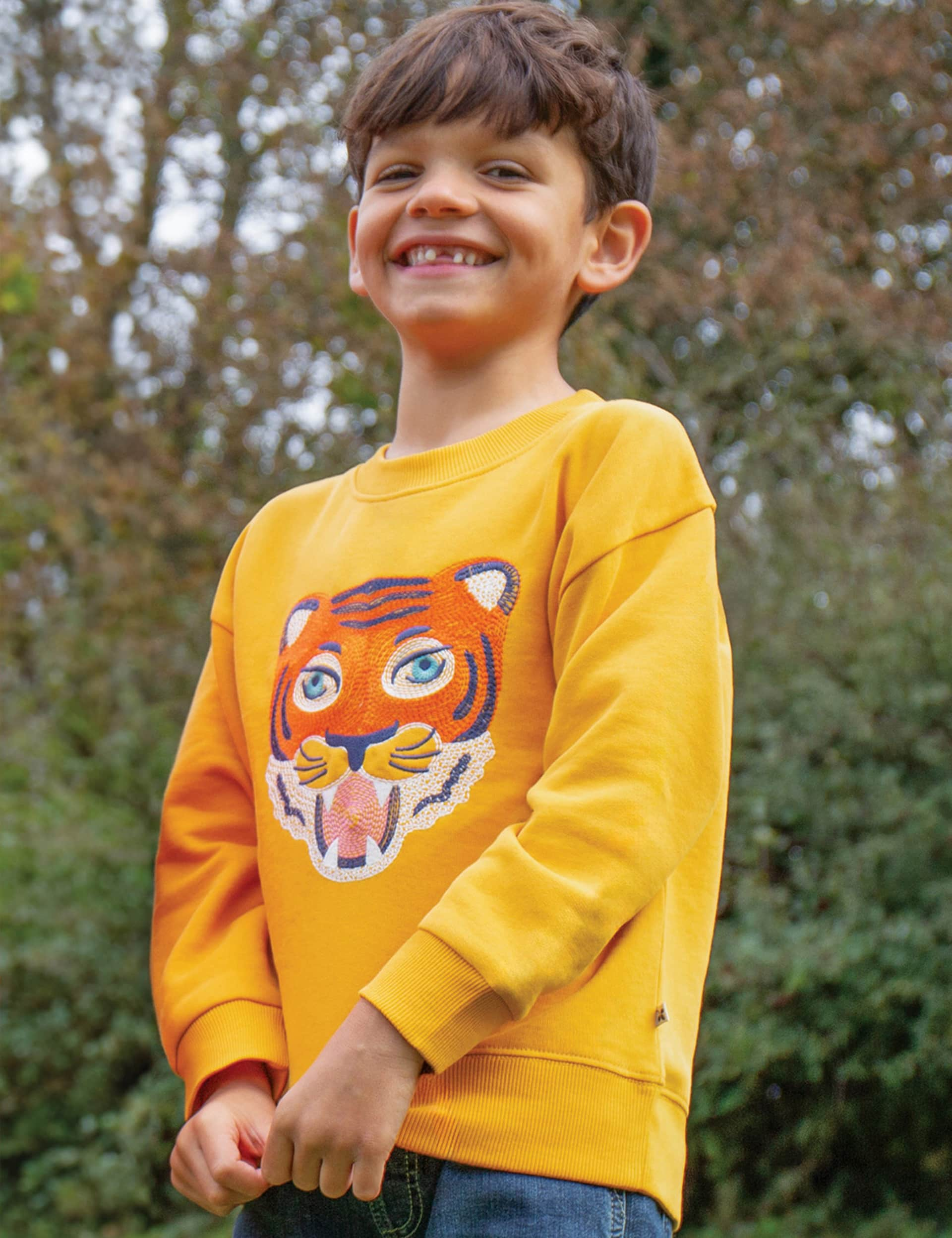 Frugi Boys Pure Cotton Tiger Embroidered Sweatshirt (2-10 Yrs) - 8-9 Y - Yellow Mix, Yellow Mix