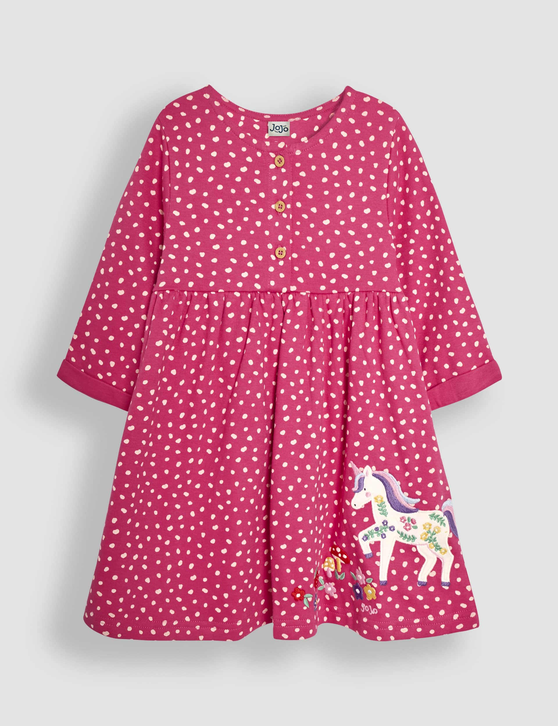 Jojo Maman Bb Girls Pure Cotton Unicorn Appliqu Dress (6 Mths - 6 Yrs) - 18-24 - Fuchsia Mix, Fuc