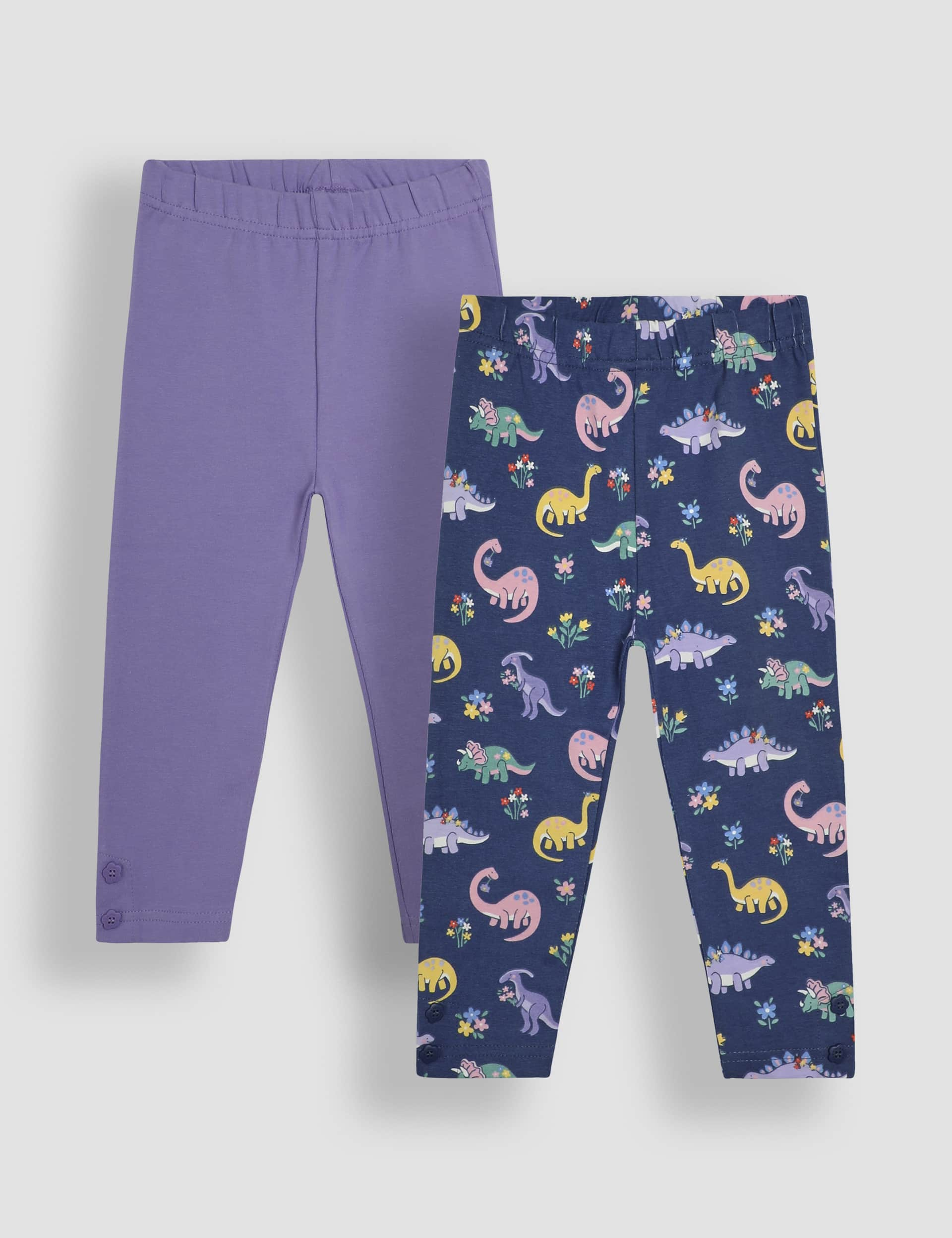 Jojo Maman Bb Girls 2pk Cotton Rich Dinosaur & Plain Leggings (6 Mths - 6 Yrs) - 2-3 Y - Navy Mix,