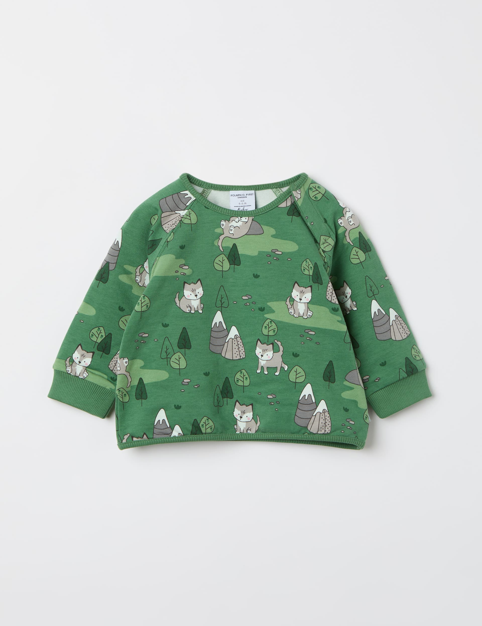 Polarn O. Pyret Cotton Rich Wolf Print Sweatshirt (1-24 Mths) - 4-6M - Green Mix, Green Mix