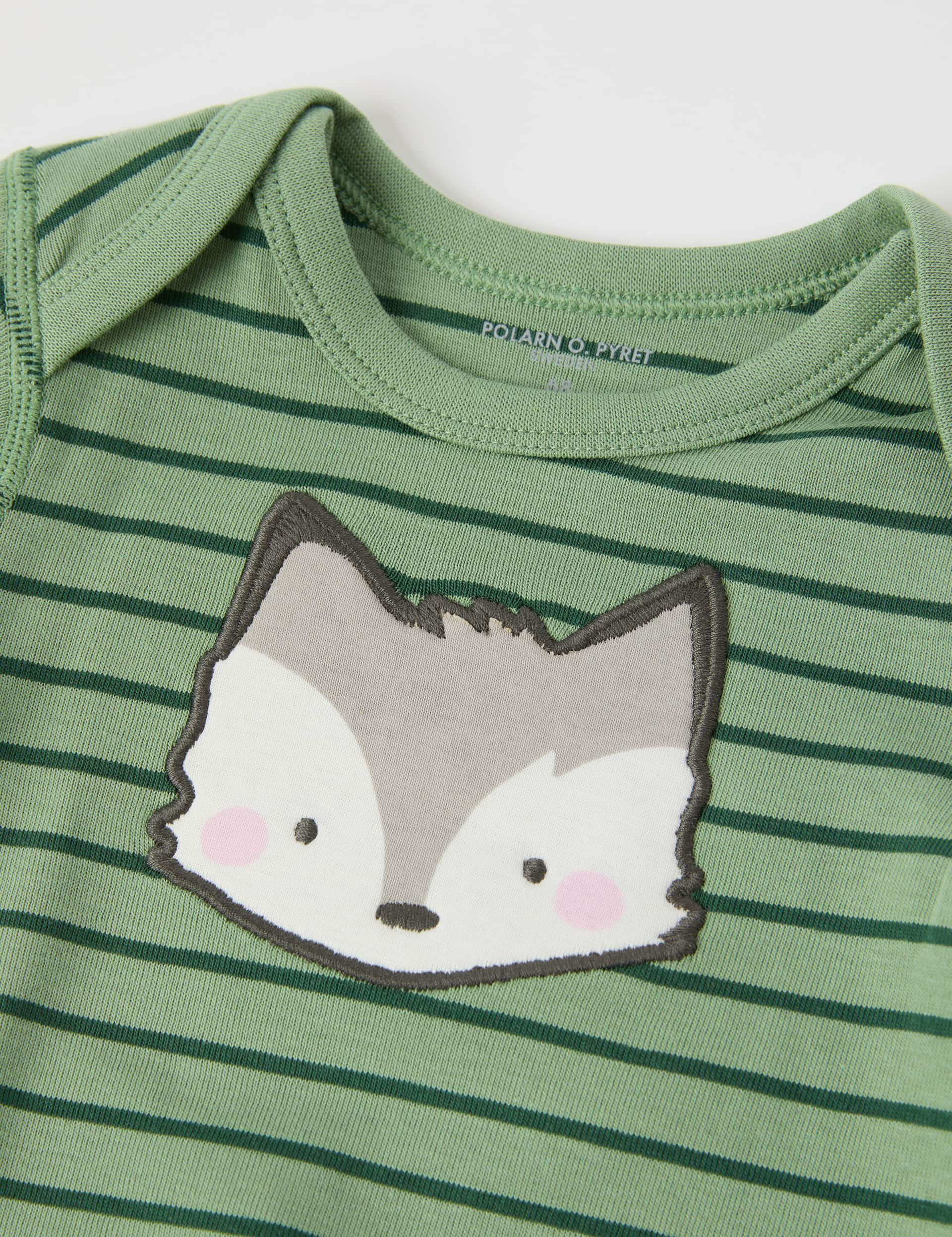 Polarn O. Pyret Pure Cotton Striped Wolf Bodysuit (1-24 Mths) - 1-2 M - Green Mix, Green Mix