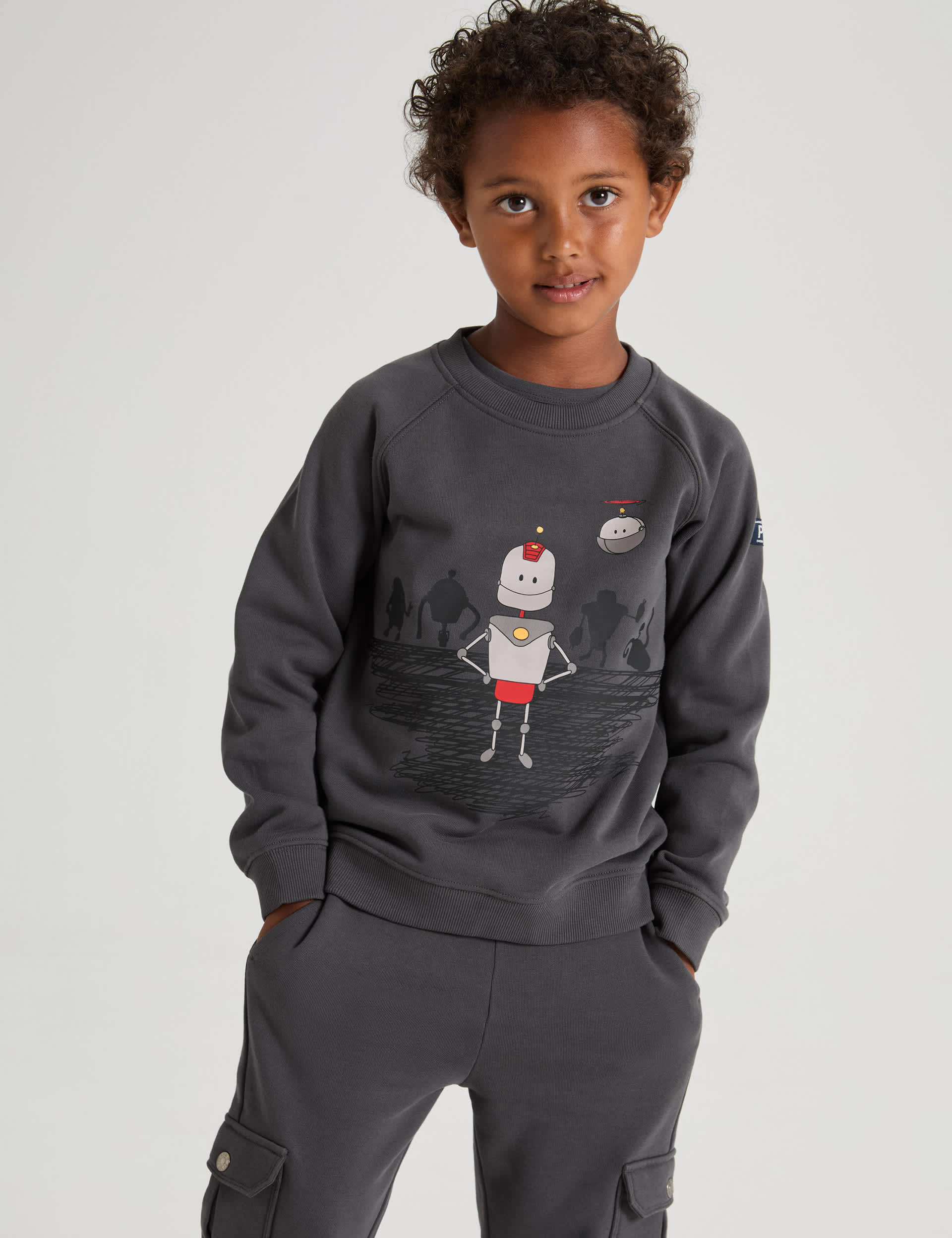 Polarn O. Pyret Boys Pure Cotton Robot Sweatshirt (1-10 Yrs) - 2-3 Y - Charcoal Mix, Charcoal Mix