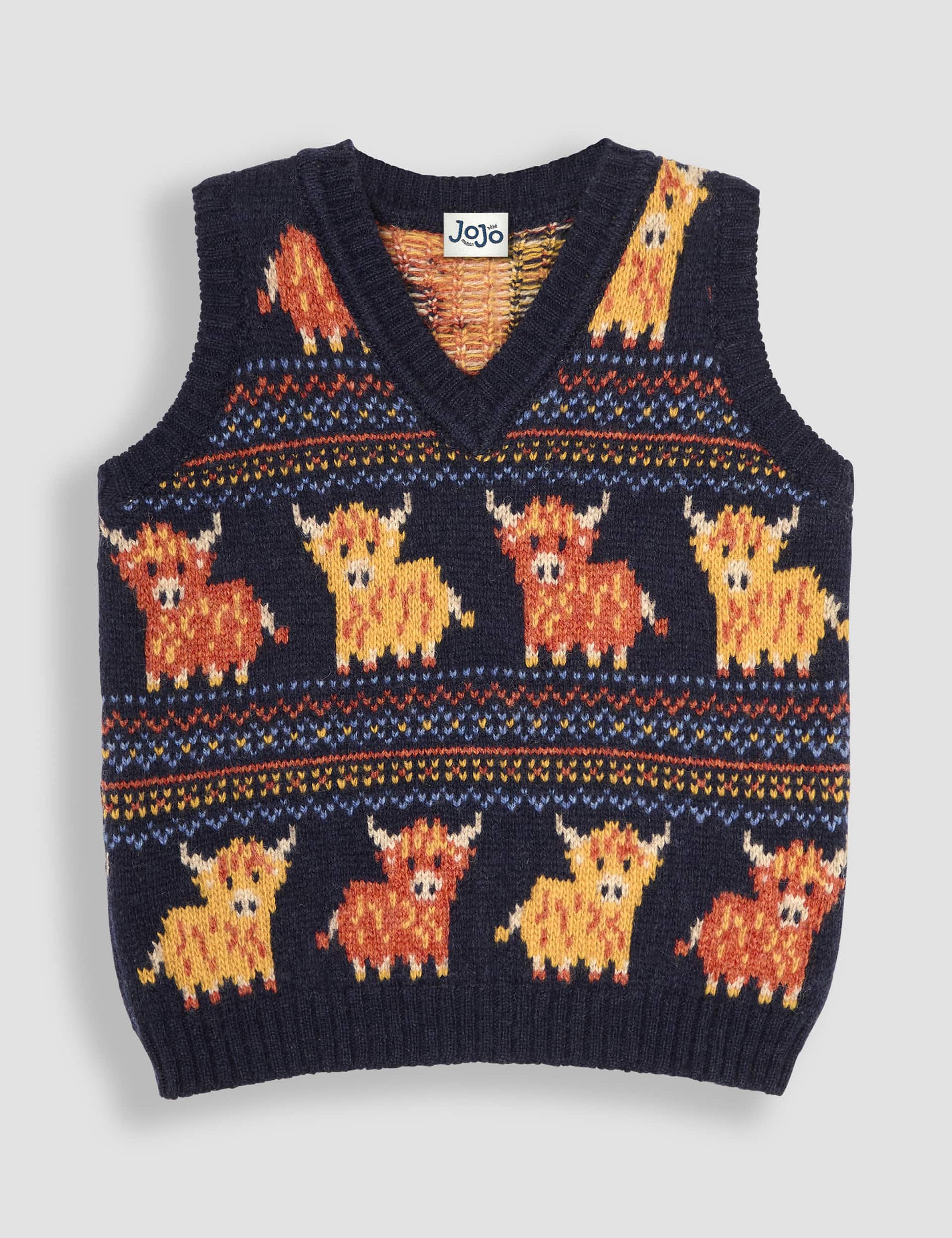 Jojo Maman Bebe Boys Wool Rich Highland Cow Fair Isle Knitted Vest (6 Mths-6 Yrs)