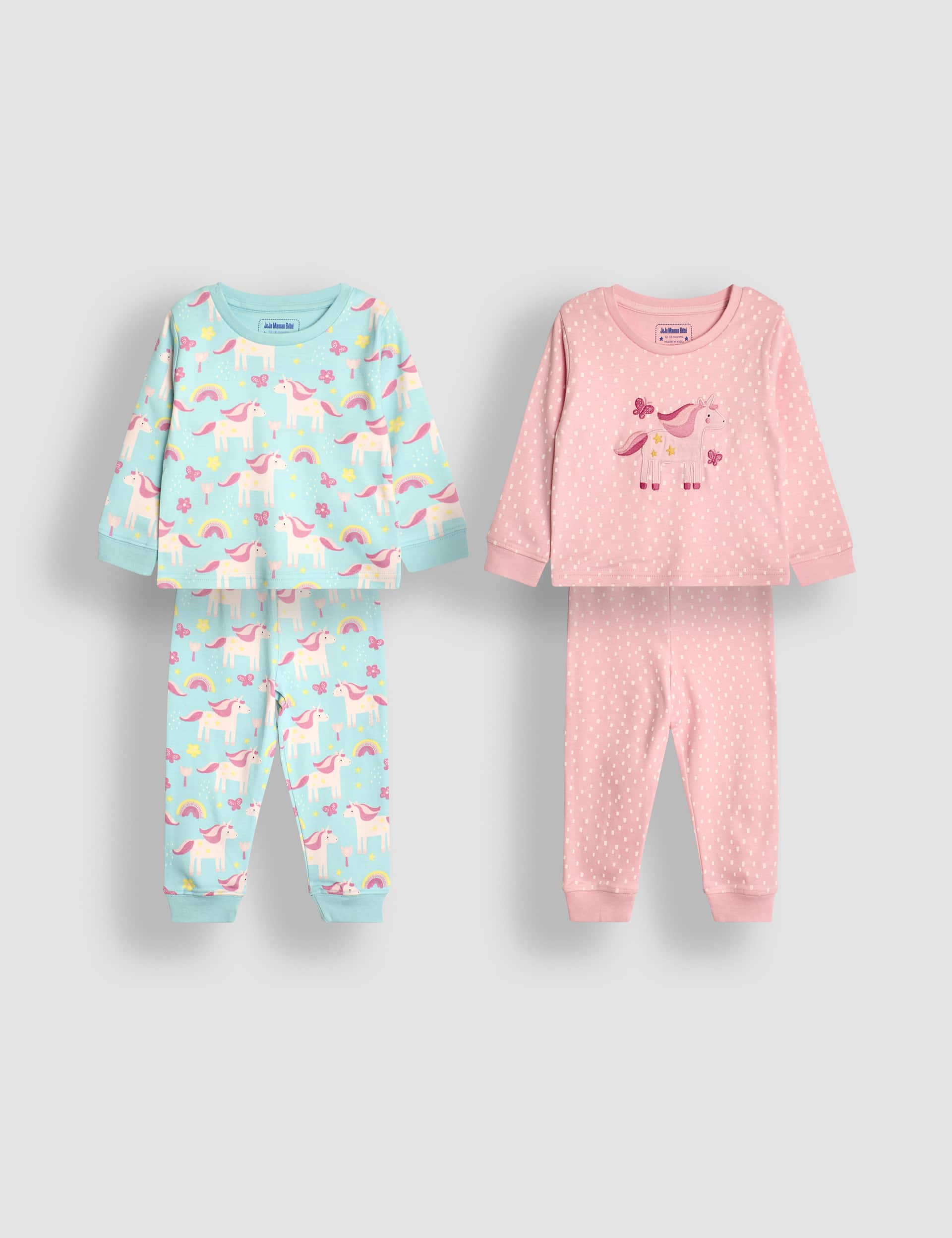 Jojo Maman Bb Girls 2pk Pure Cotton Unicorn Pyjama Sets (18 Mths - 6 Yrs) - 5-6 Y - Light Pink Mix