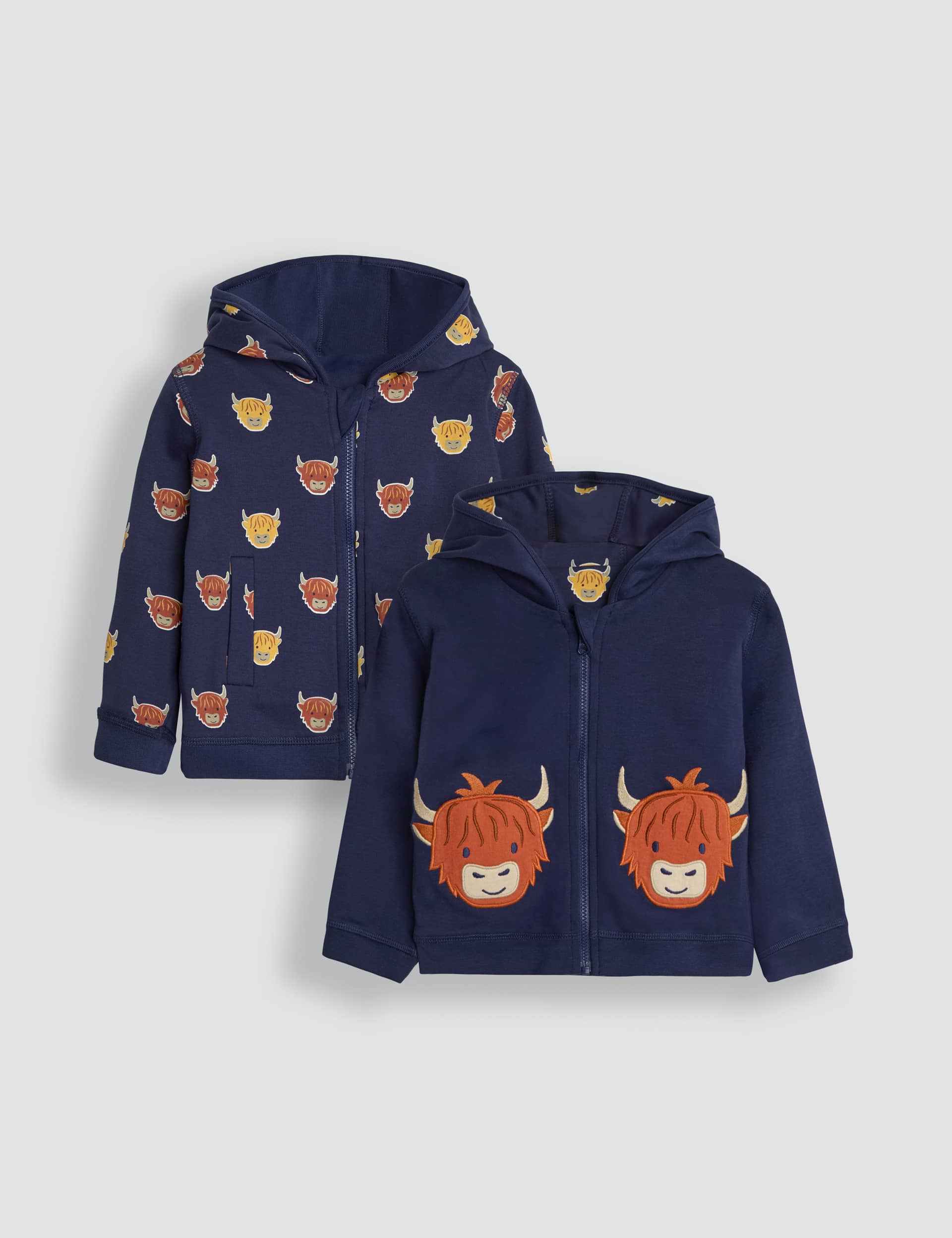 Jojo Maman Bb Boys Pure Cotton Highland Cow Hoodie (6 Mths - 6 Yrs) - 2-3 Y - Dark Navy Mix, Dark 