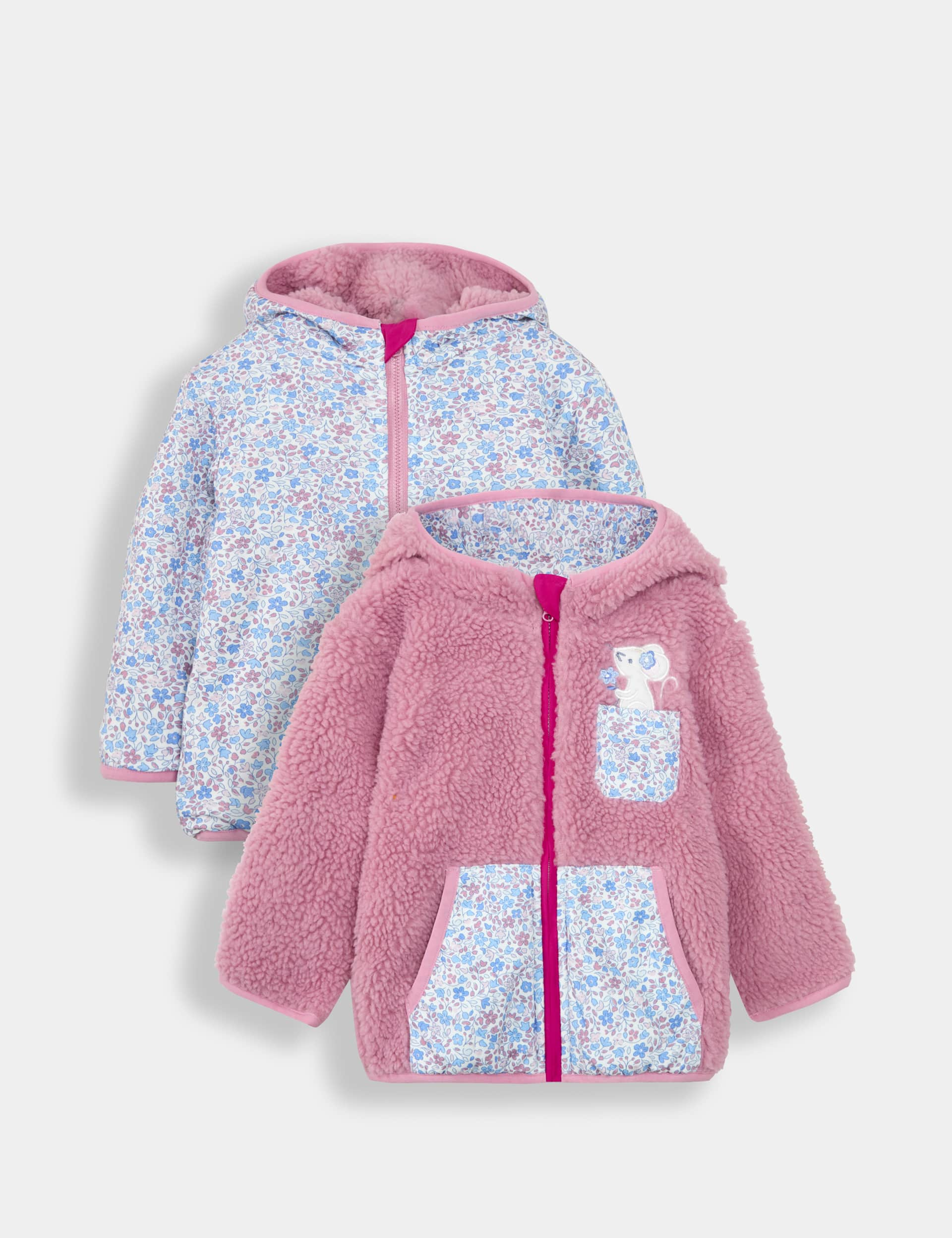 Jojo Maman Bb Girls Borg Floral Mouse Reversible Hoodie (3 Mths - 4 Yrs) - 2-3 Y - Pink Mix, Pink 