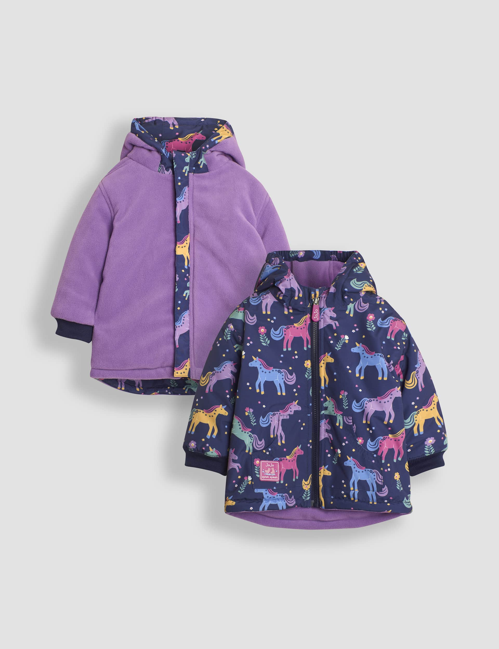 Jojo Maman Bb Girls Unicorn Reversible Fleece Lined Raincoat (1-6 Yrs) - 2-3 Y - Dark Navy Mix, Da