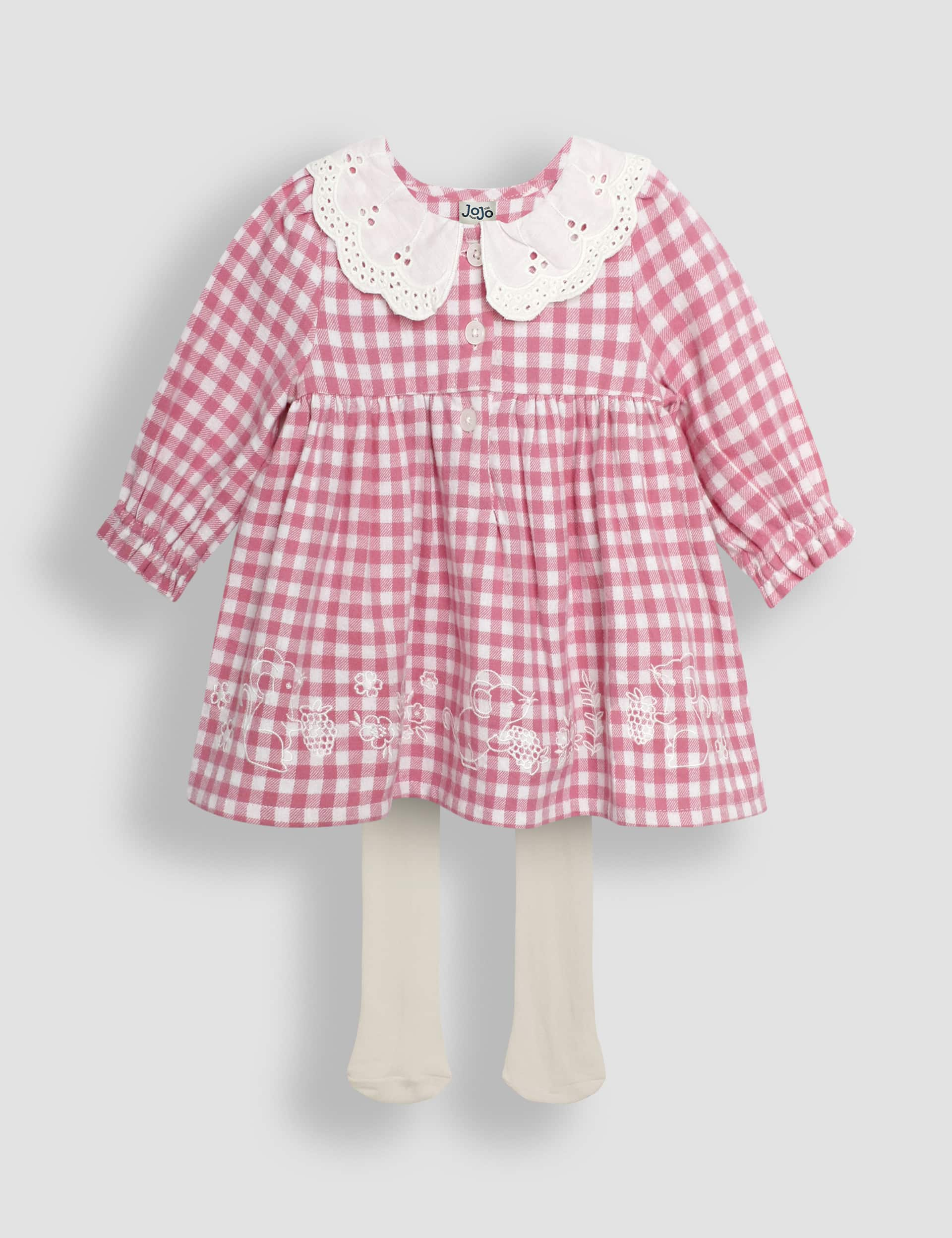 Jojo Maman Bb Girls 2pc Pure Cotton Gingham Dress with Tights (0-2 Yrs) - 6-12M - Pink Mix, Pink M