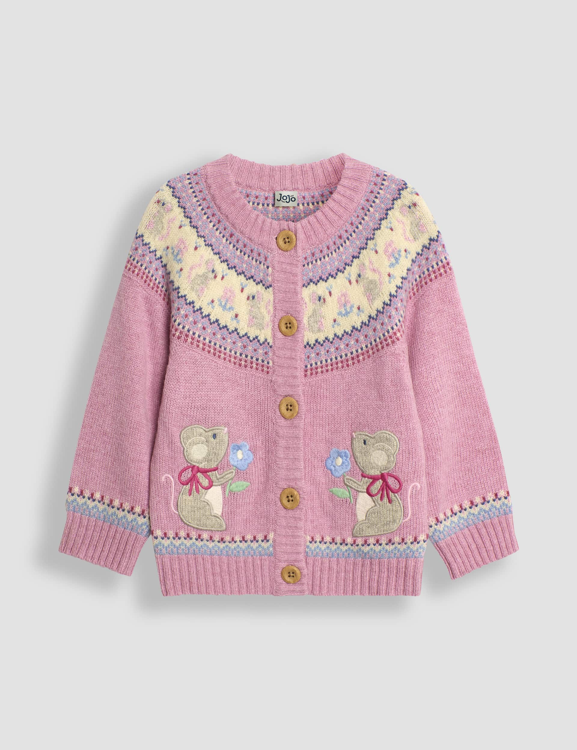 Jojo Maman Bb Girls Fair Isle Mouse Knitted Cardigan with Wool (6 Mths - 6 Yrs) - 2-3 Y - Pink Mix