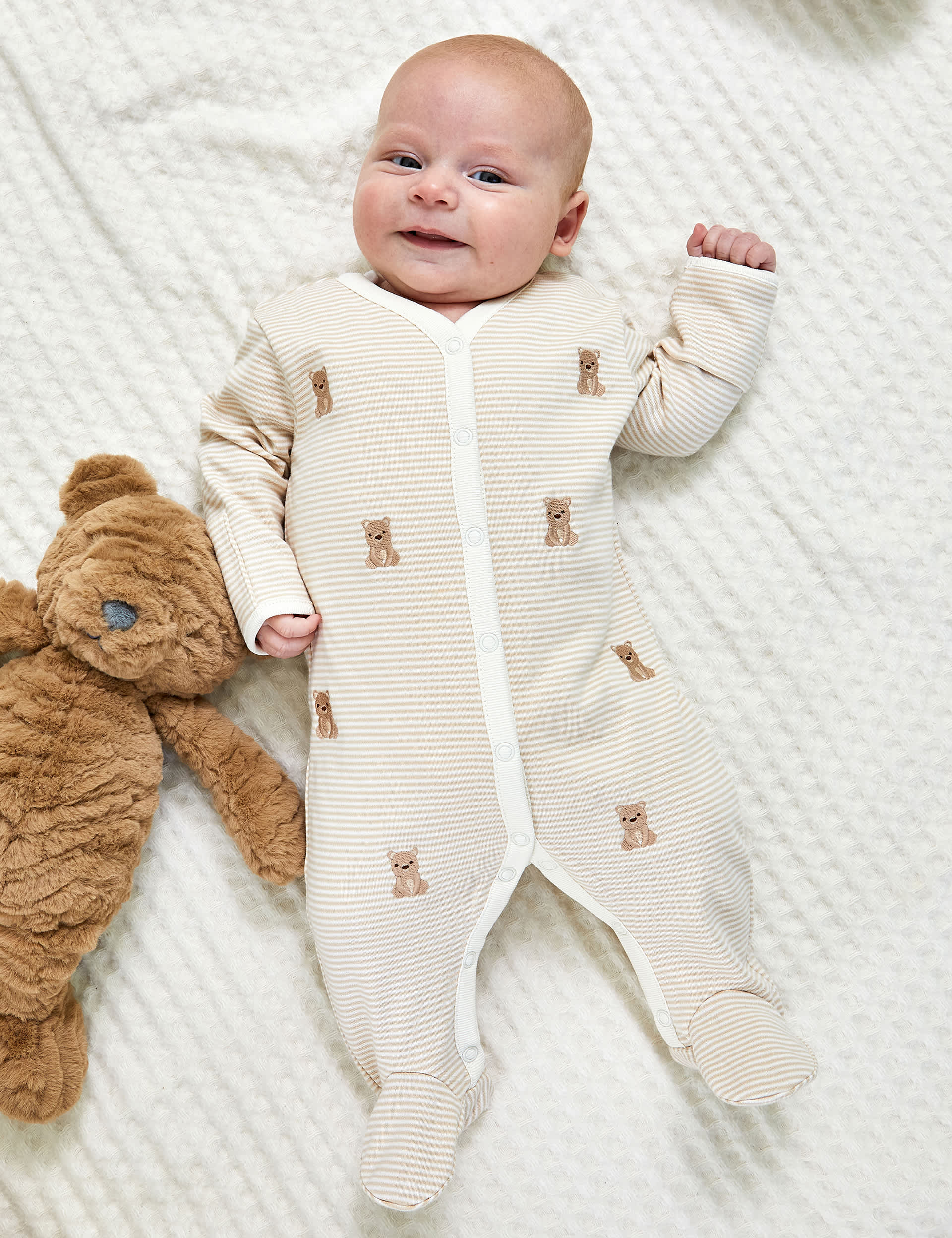 Jojo Maman Bb Pure Cotton Striped Bear Sleepsuit (0-12 Mths) - 6-9M - Natural Mix, Natural Mix