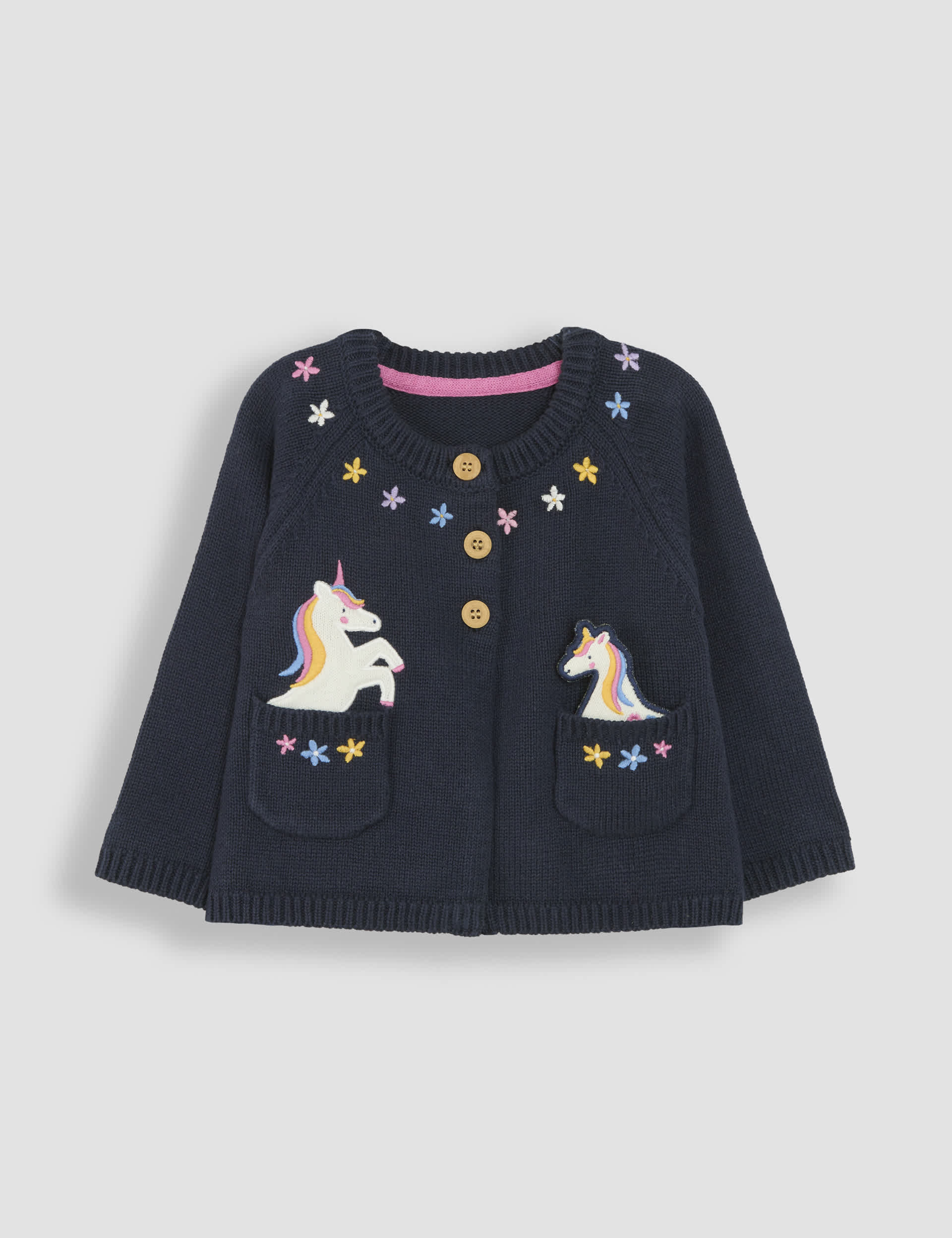 Jojo Maman Bb Girls Pure Cotton Knitted Unicorn Cardigan (6 Mths - 6 Yrs) - 2-3 Y - Dark Navy Mix,