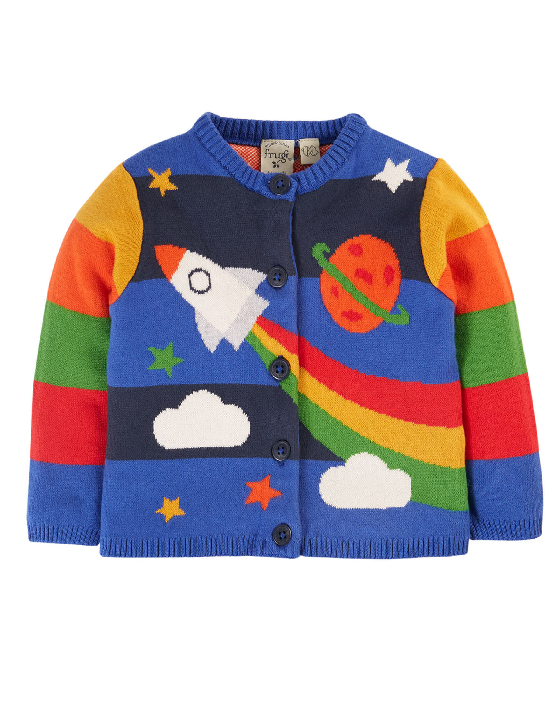 Frugi Boys Pure Cotton Knitted Rainbow Rocket Cardigan (0-5 Yrs)