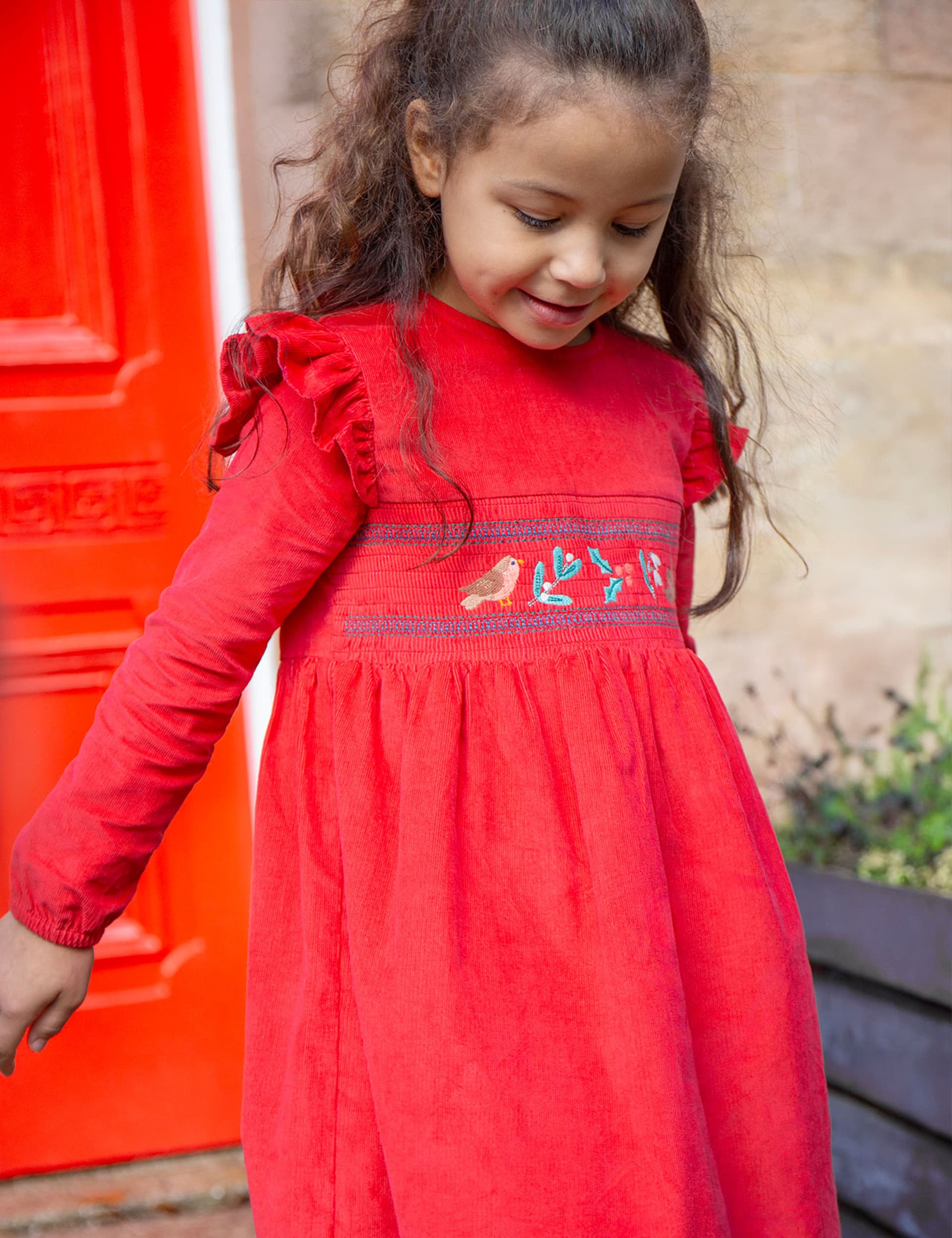 Frugi Girls Pure Cotton Embroidered Dress (2-10 Yrs) - 6-7 Y - Red Mix, Red Mix