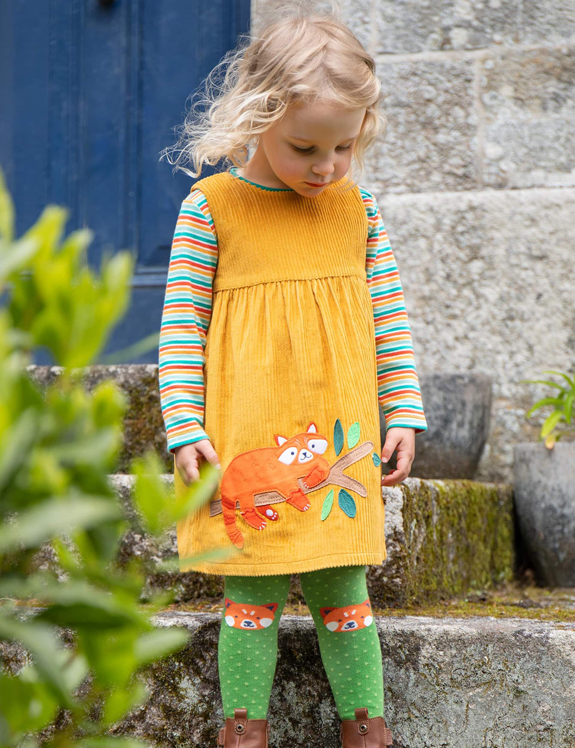 Frugi Girls Cord Red Panda Dress (0-7 Yrs) - 6-7 Y - Yellow Mix, Yellow Mix