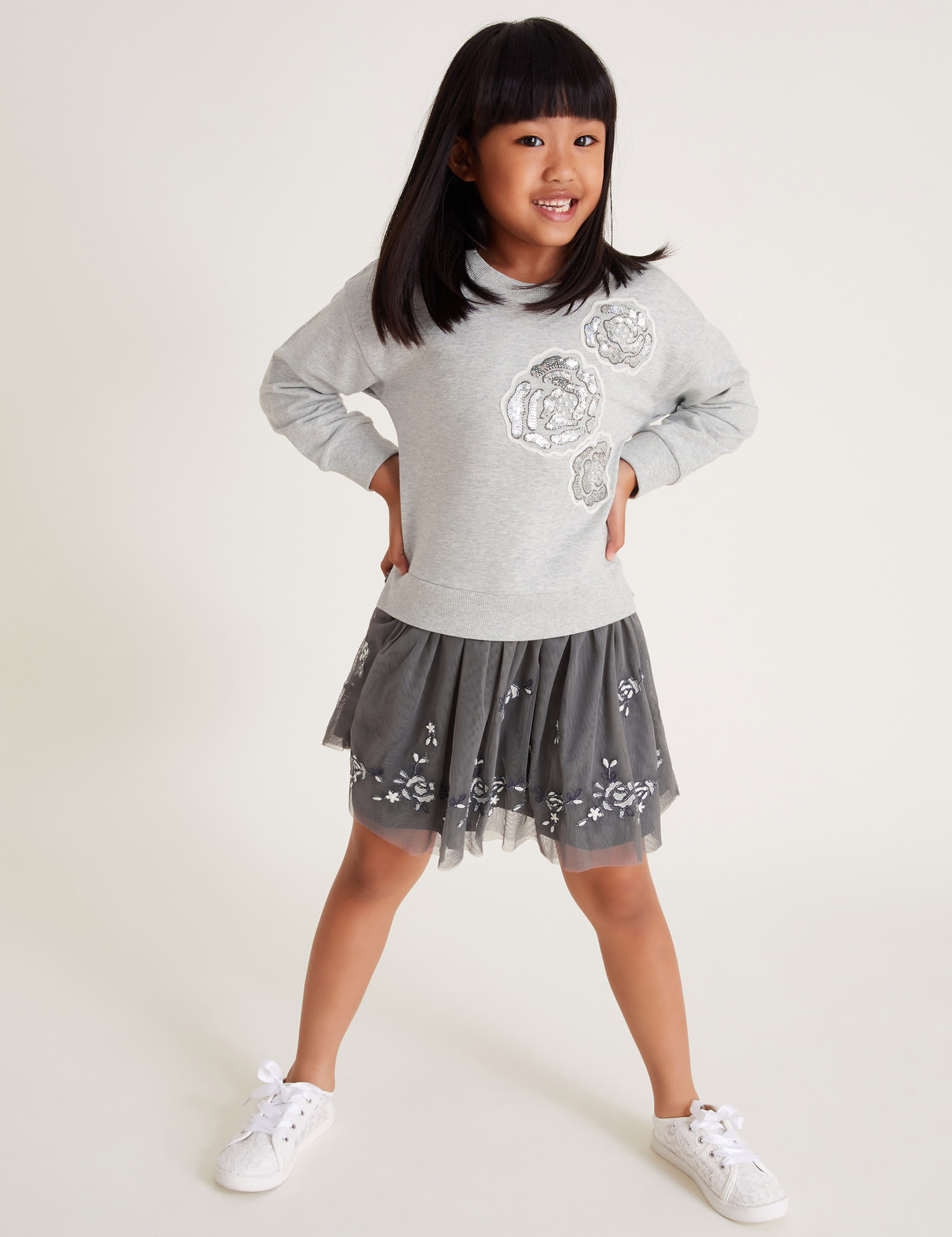 Monsoon Girls Embellished Sweatshirt Dress (5-13 Yrs) - 11-12 - Grey Mix, Grey Mix