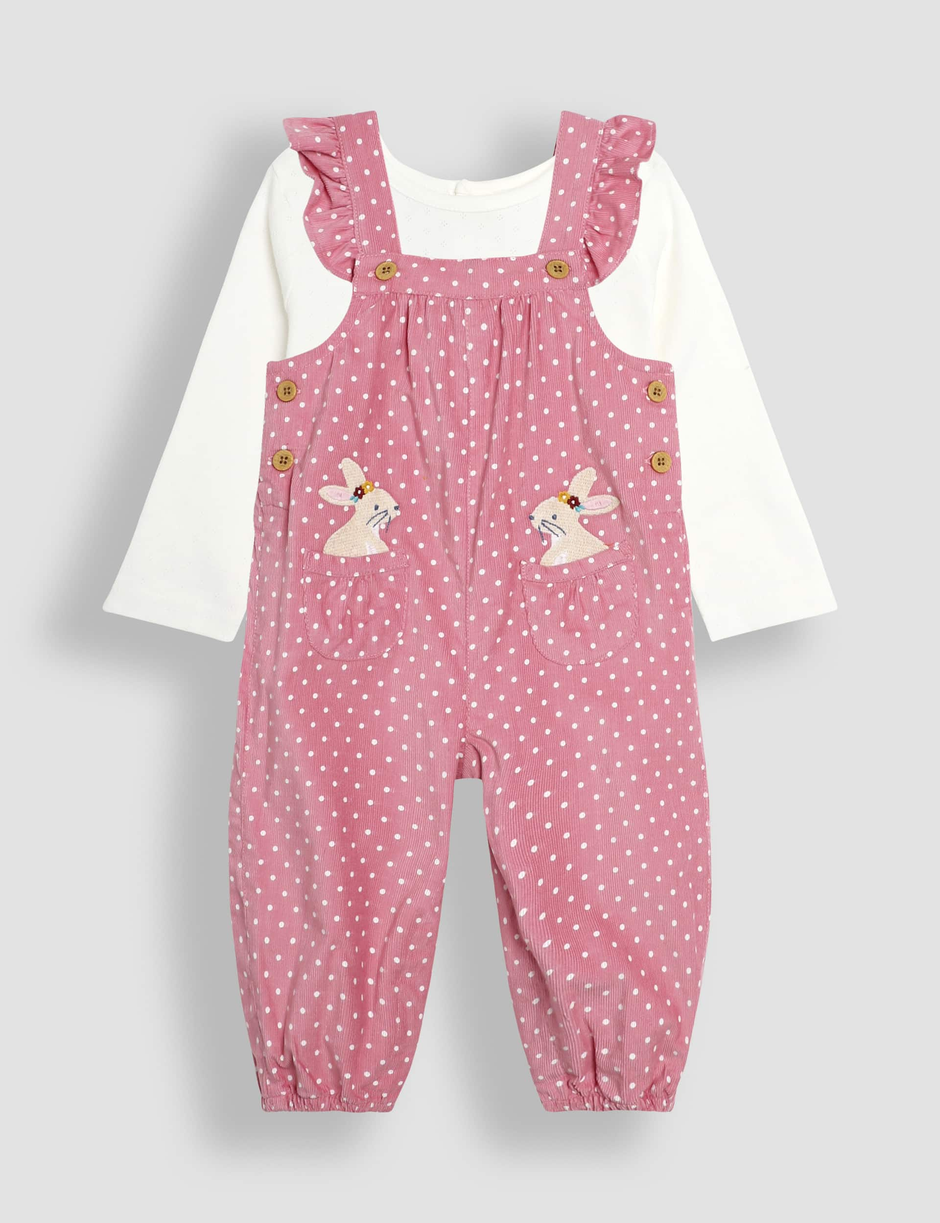 Jojo Maman Bb Girls Rabbit Applique Cord Dungarees & Top Set - 6-12M - Dusky Rose, Dusky Rose