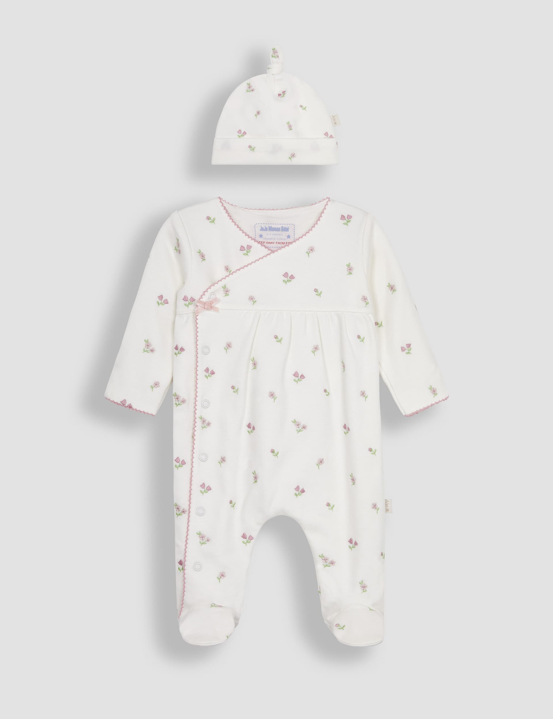 Jojo Maman Bb Girls 2pc Pure Cotton Floral Sleepsuit & Hat Set (0-9 Mths) - 3-6M - Light Pink Mix,