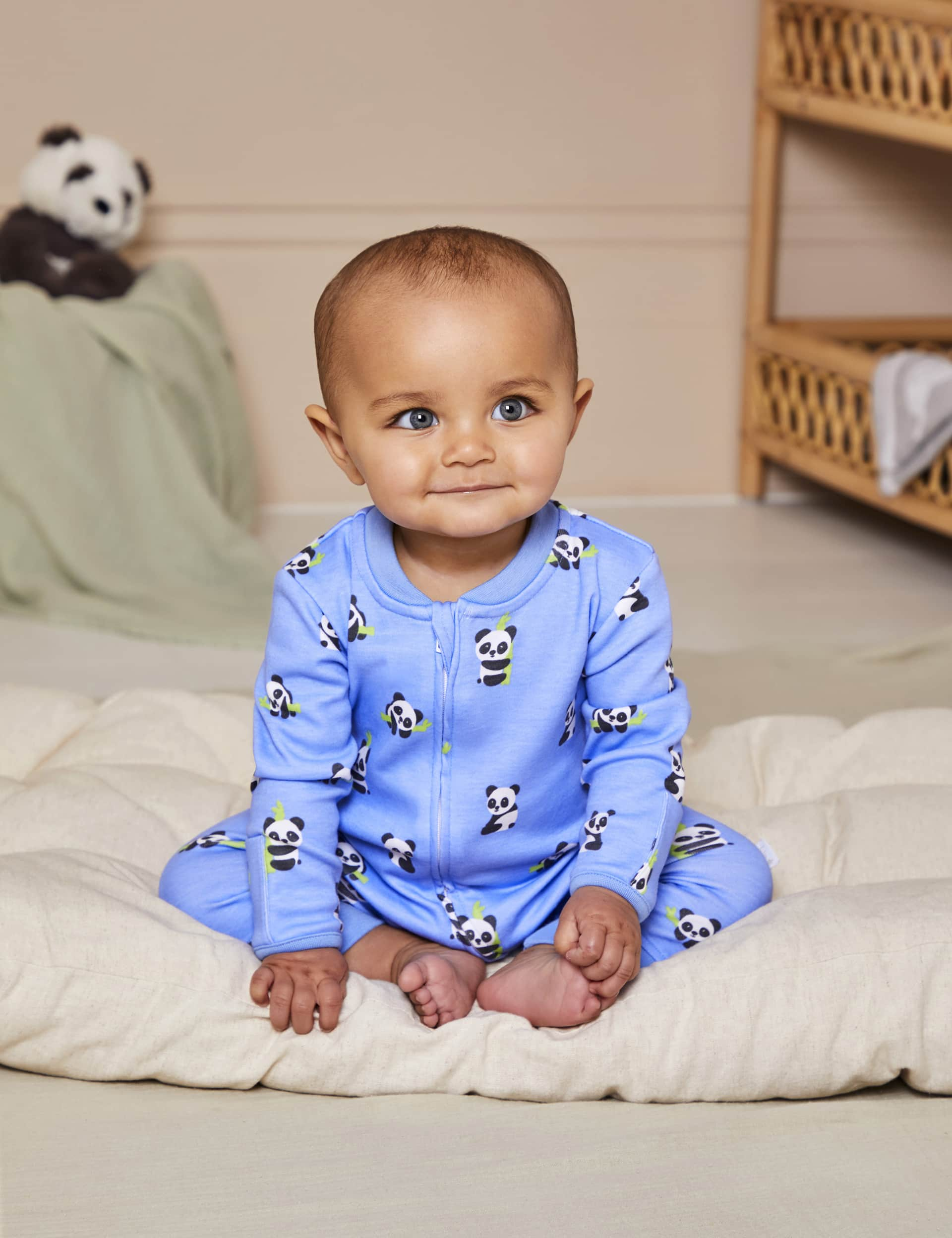 Jojo Maman Bb Boys Pure Cotton Panda Sleepsuit (0-12 Mths) - 3-6M - Blue Mix, Blue Mix