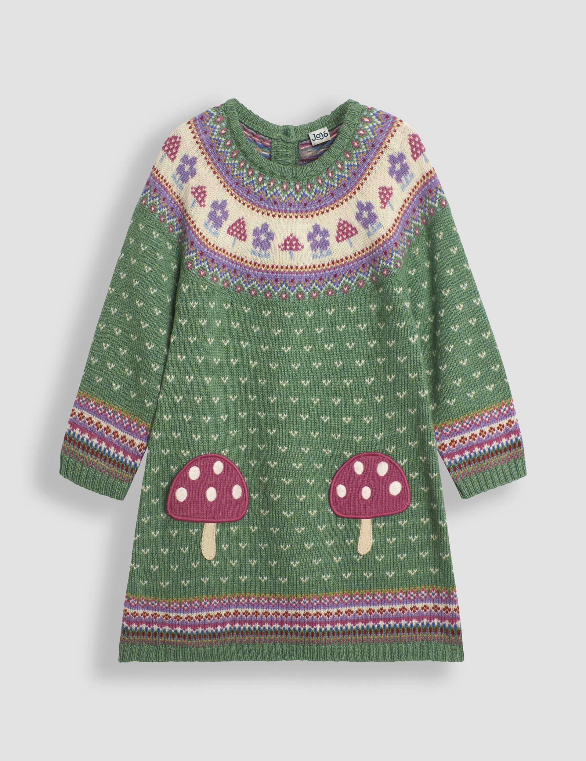 Jojo Maman Bb Girls Toadstool Fair Isle Applique Knitted Dress (6 Mths-6 Yrs) - 2-3 Y - Dark Green