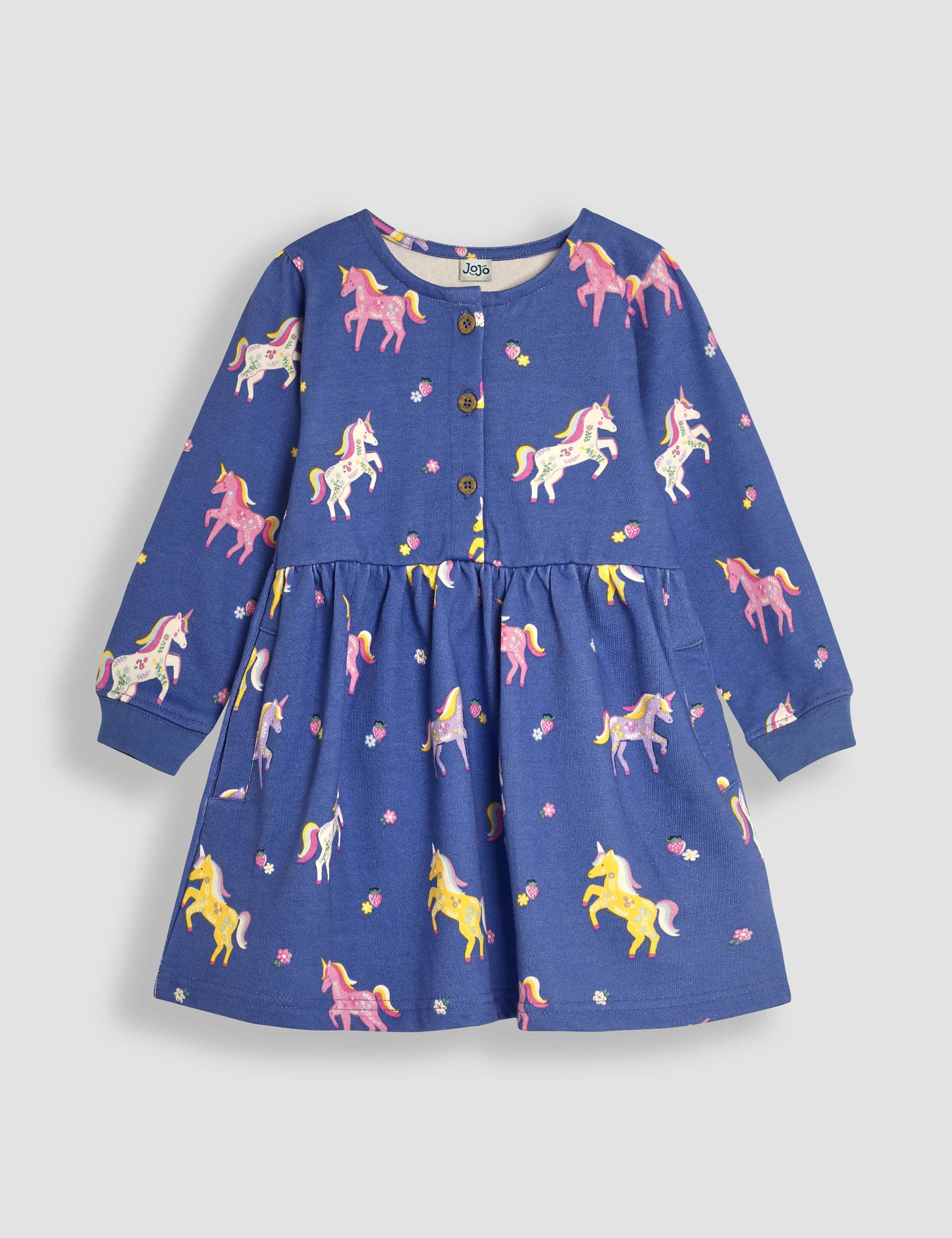 Jojo Maman Bb Girls Pure Cotton Unicorn Sweatshirt Dress (6 Mths-6 Yrs) - 3-4 Y - Blue Mix, Blue M