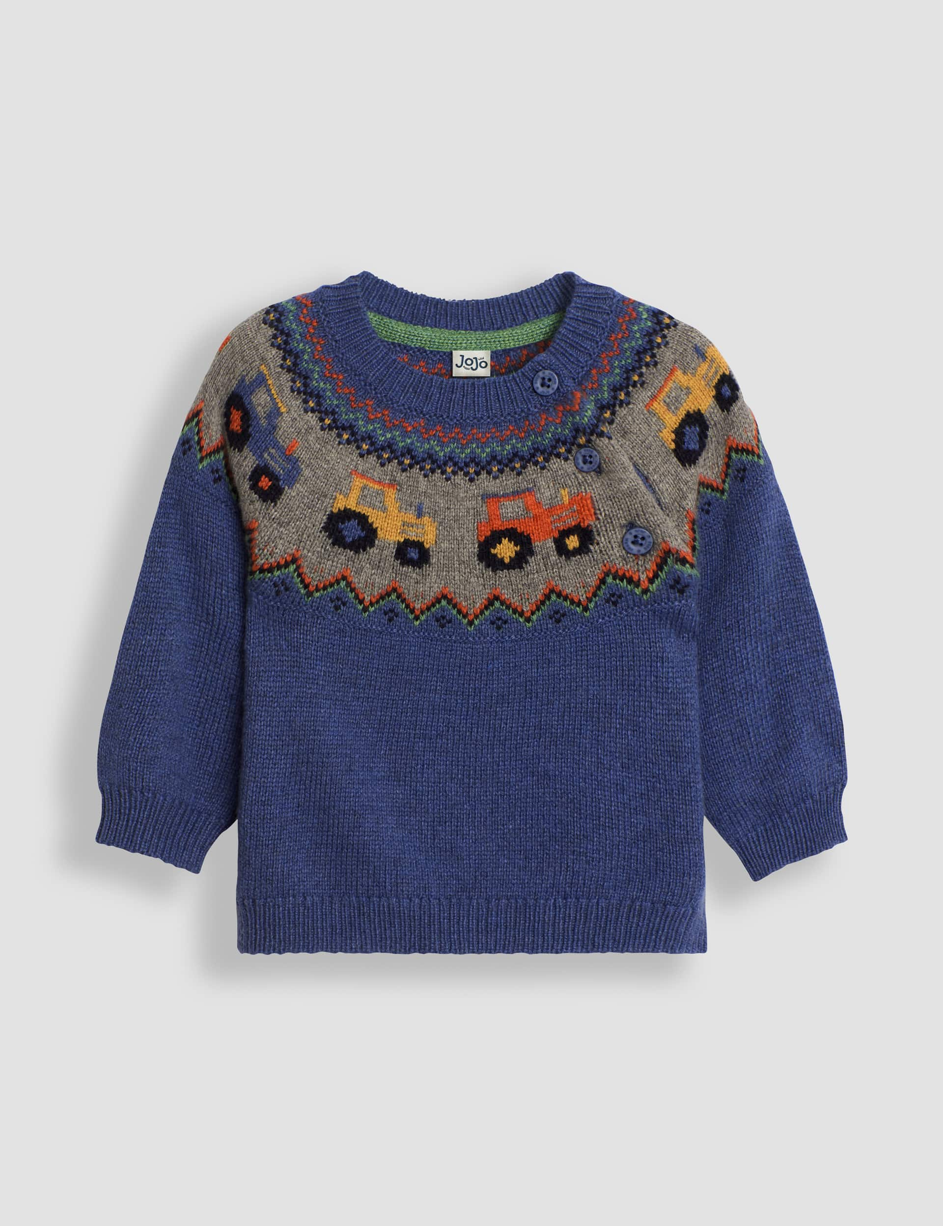 Jojo Maman Bb Boys Tractor Fair Isle Jumper (0-5 Yrs) - 12-18 - Blue Mix, Blue Mix