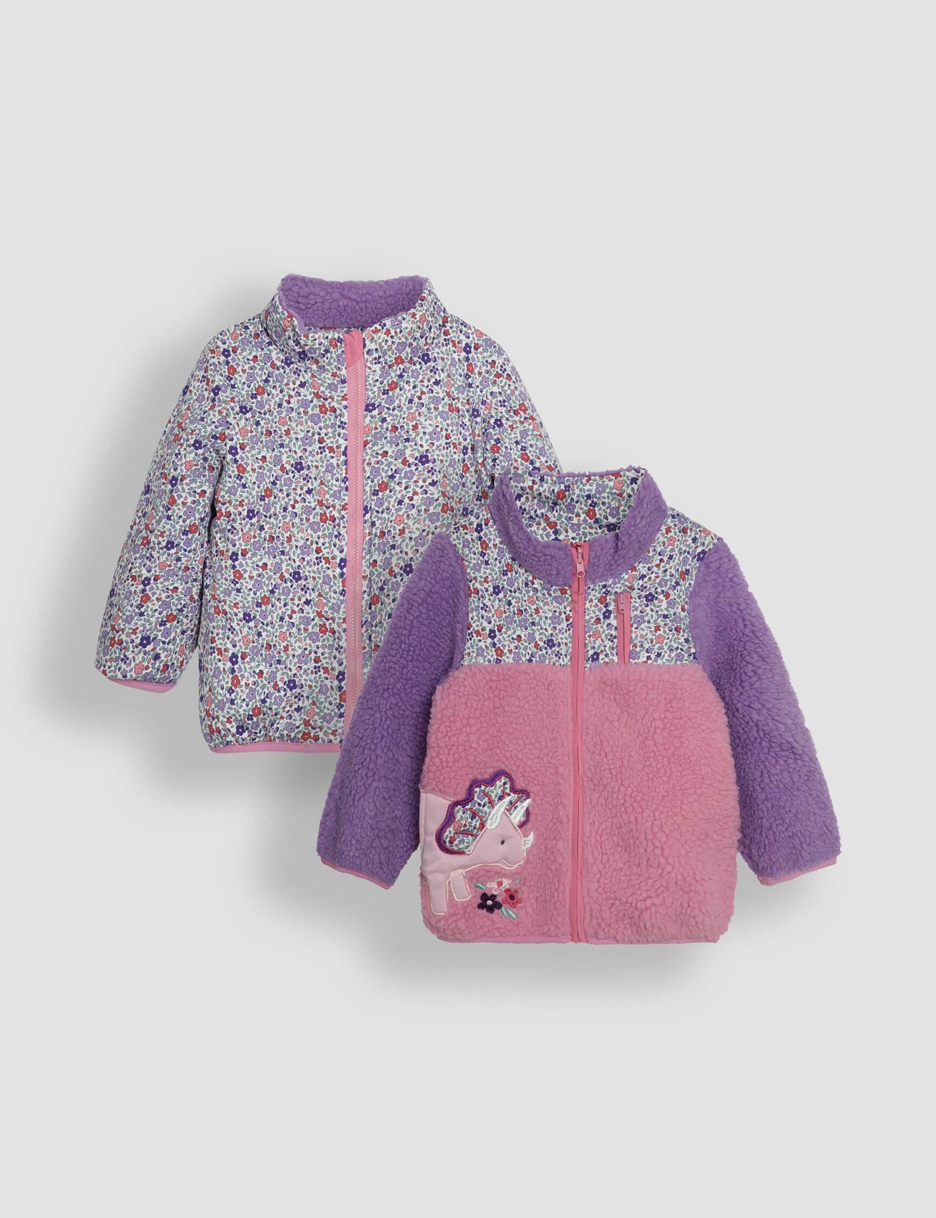 Jojo Maman Bb Girls Reversible Floral Dinosaur Zip Fleece Jacket (6 Mths-6 Yrs) - 2-3 Y - Purple M