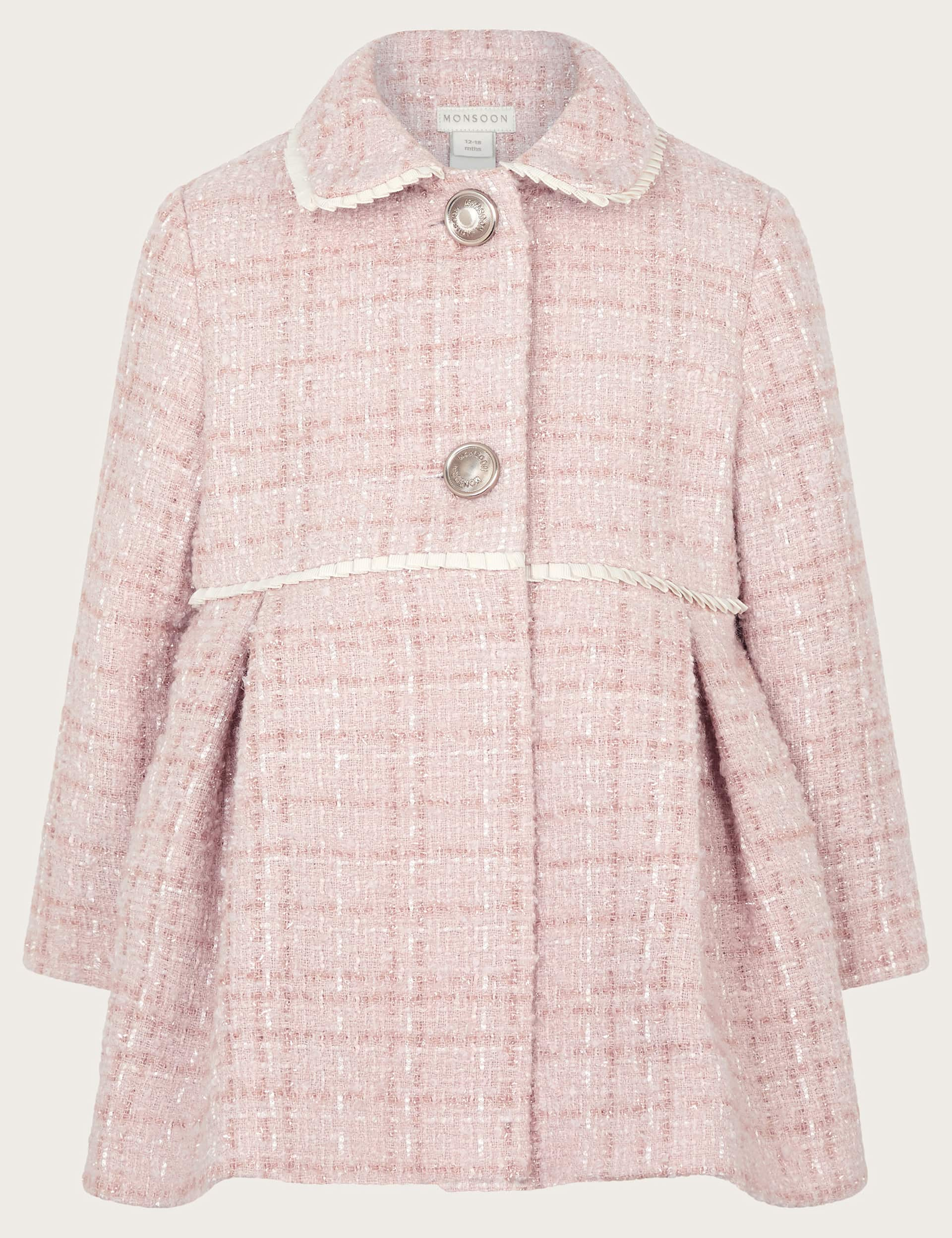 Monsoon Baby Tweed Collared Coat - 2-3 Y - Light Pink, Light Pink