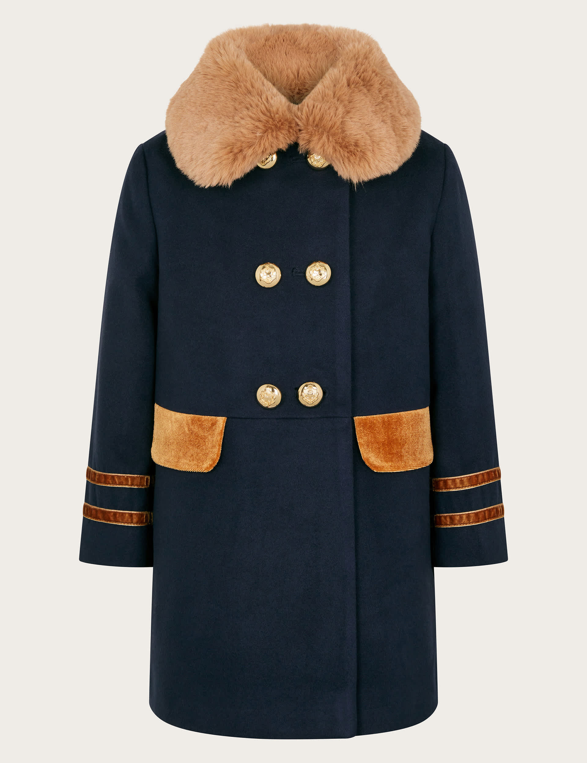 Monsoon Girls Faux Fur Collar Military Coat (3-15 Yrs) - 9-10Y - Navy, Navy