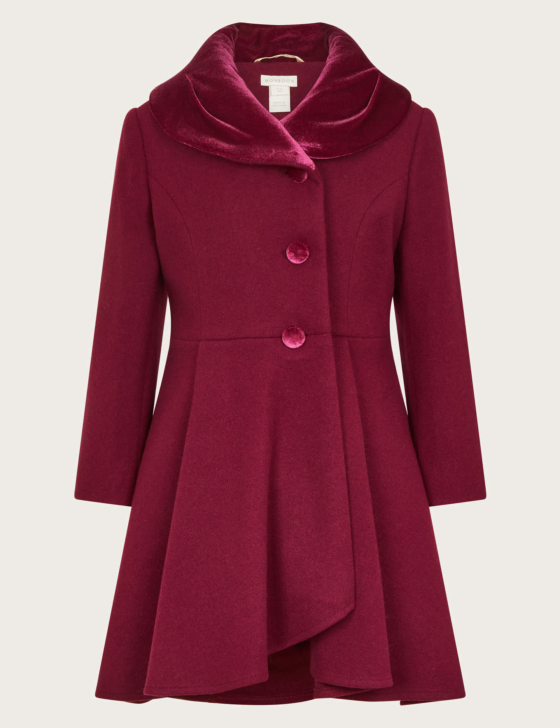 Monsoon Girls Shawl Collar Coat with Wool (3-12 Yrs) - 9-10Y - Burgundy, Burgundy