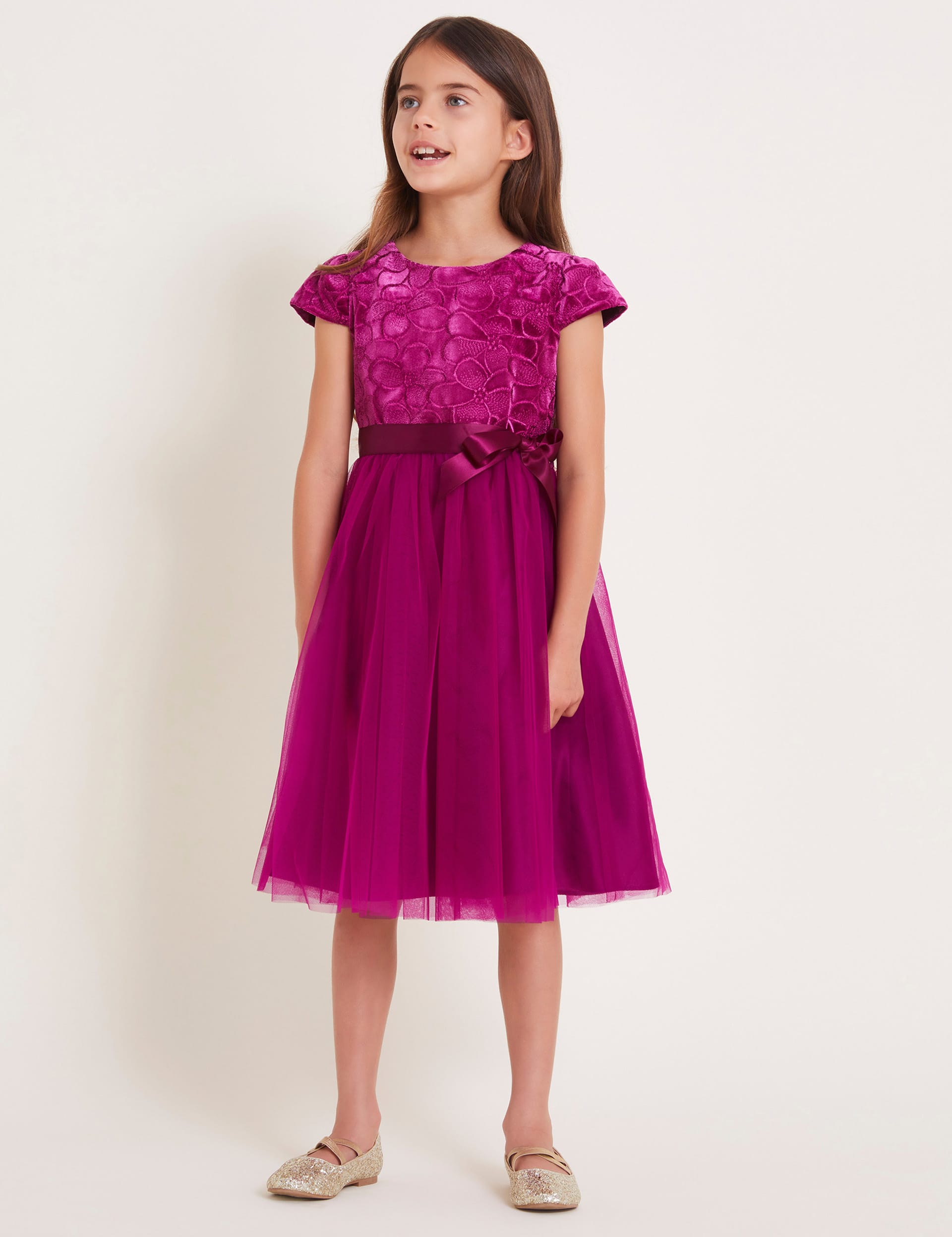 Monsoon Girls Velvet Embroidered Tulle Occasion Dress (3-13 Yrs) - 5y - Magenta, Magenta